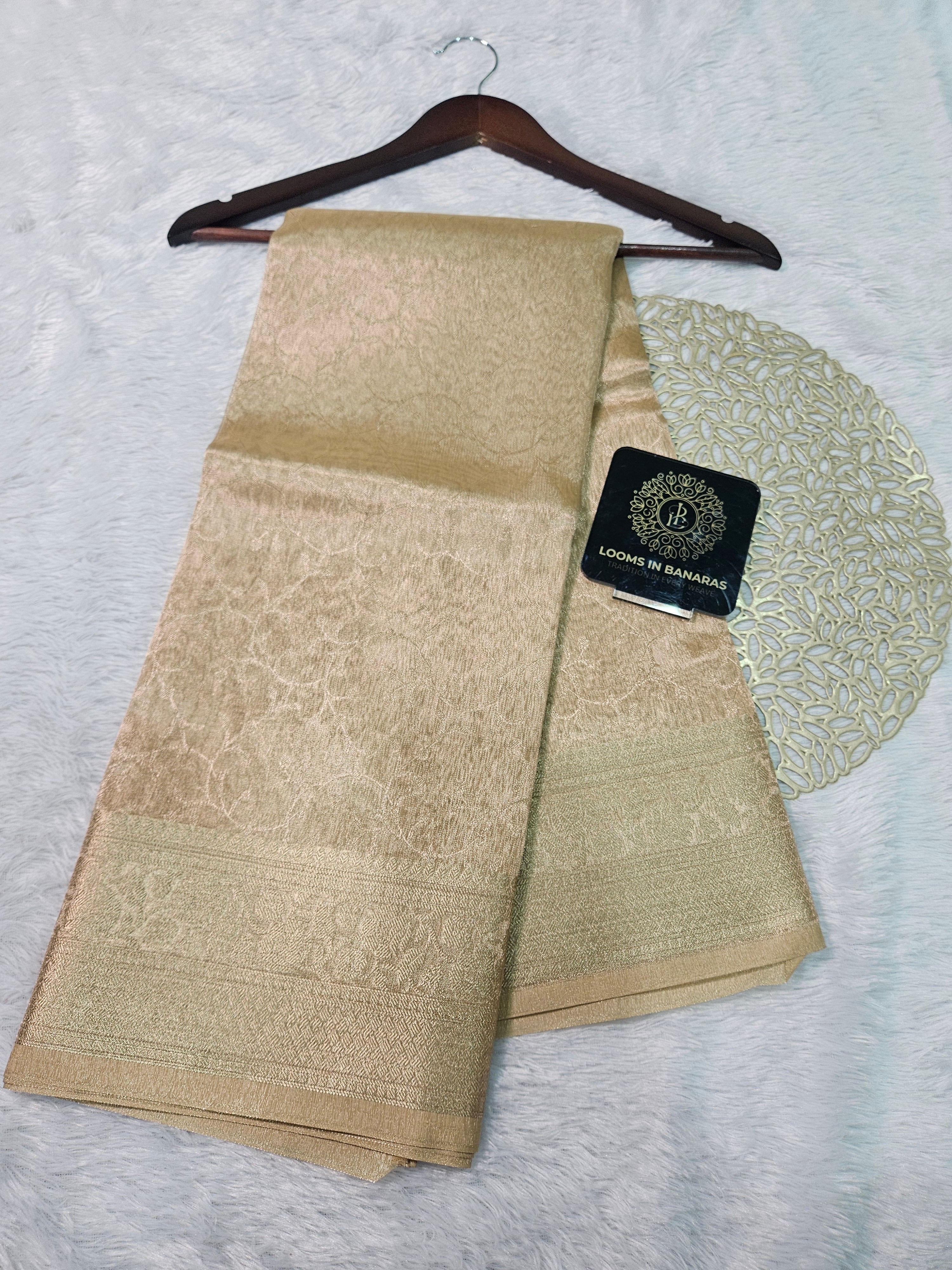 Metallic Gold Banarasi Tissue Zari Tanchui Design Border Saree