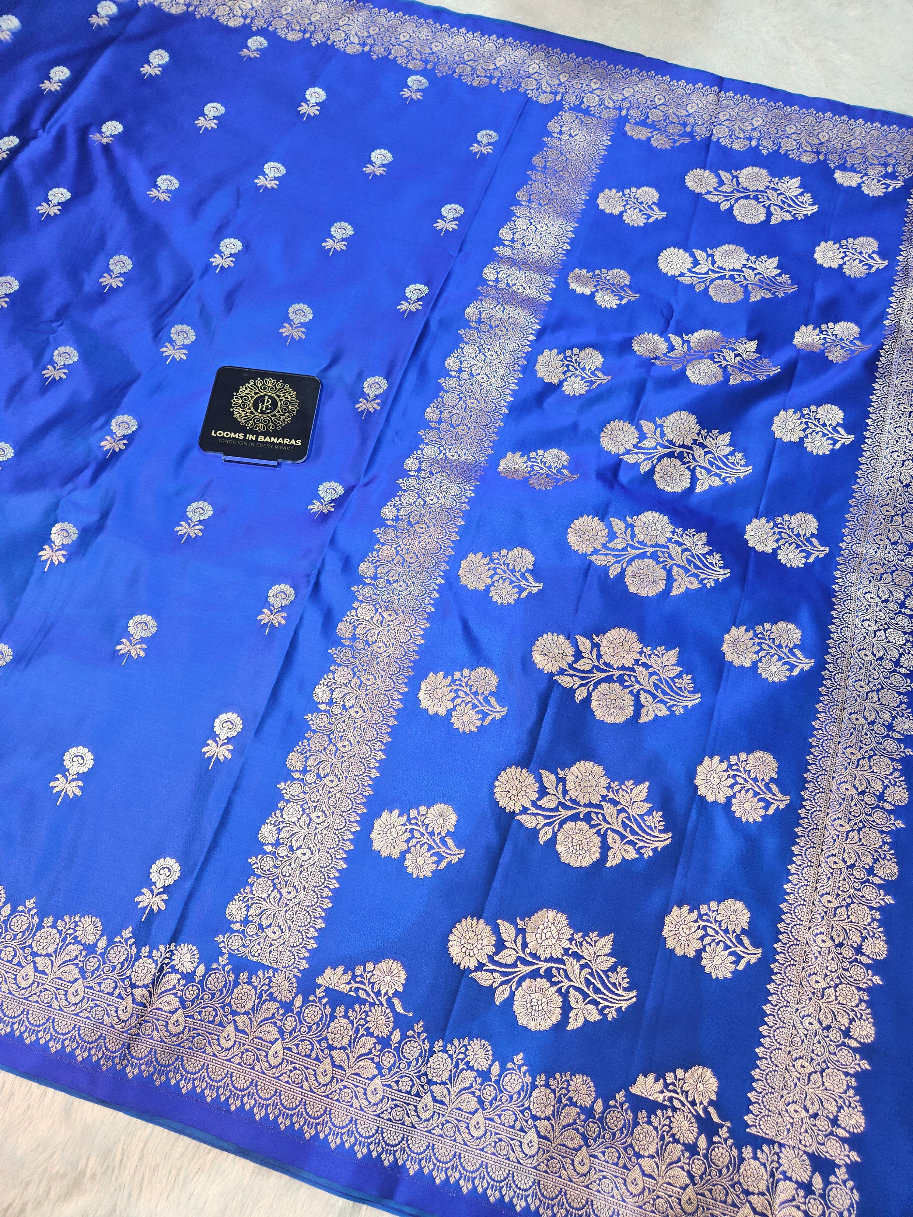 Royal Blue Banarasi Mashru Silk Alfi Border Booti Saree