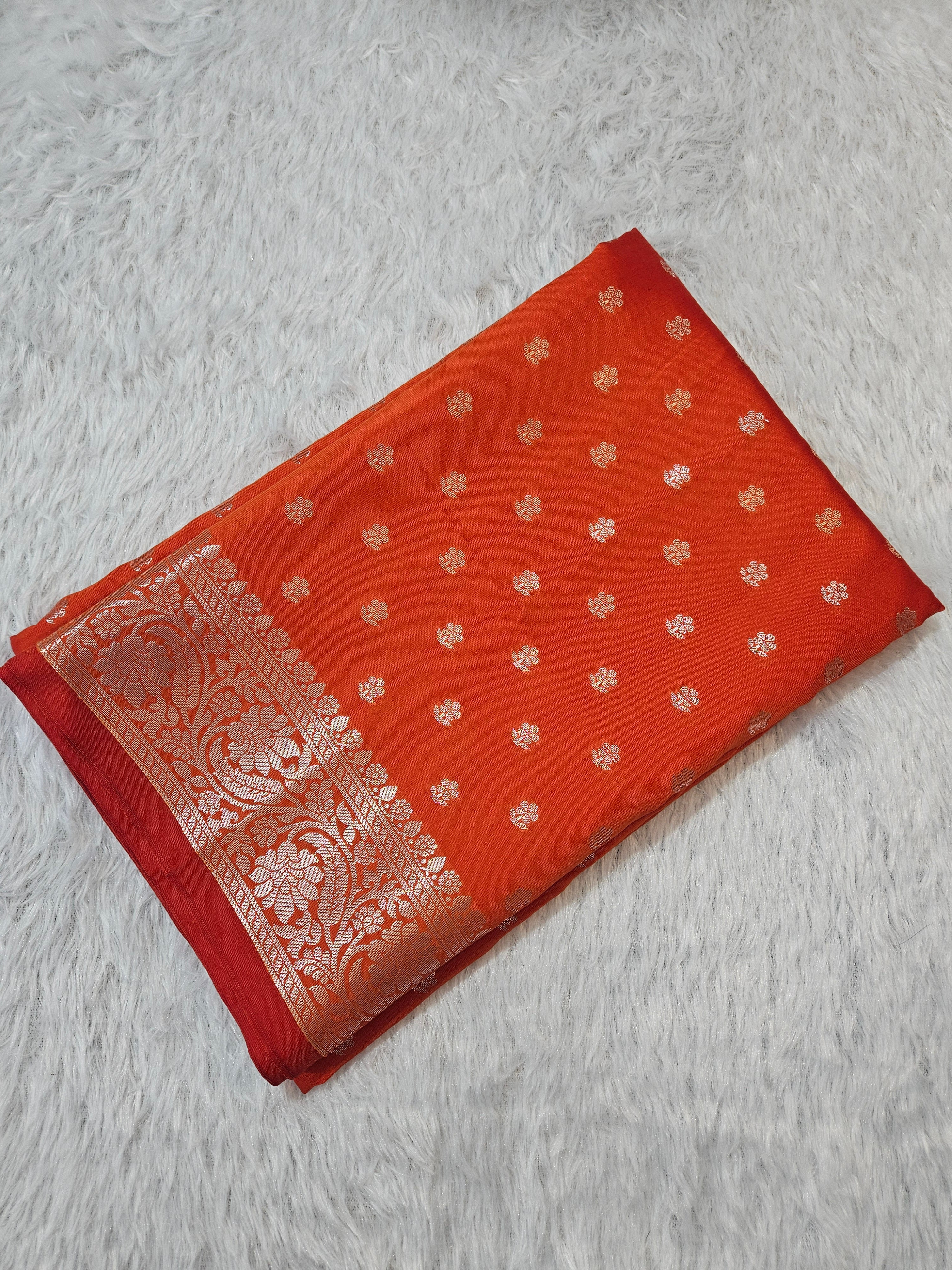 Banarasi Silk Orange Buti Zari Border Saree