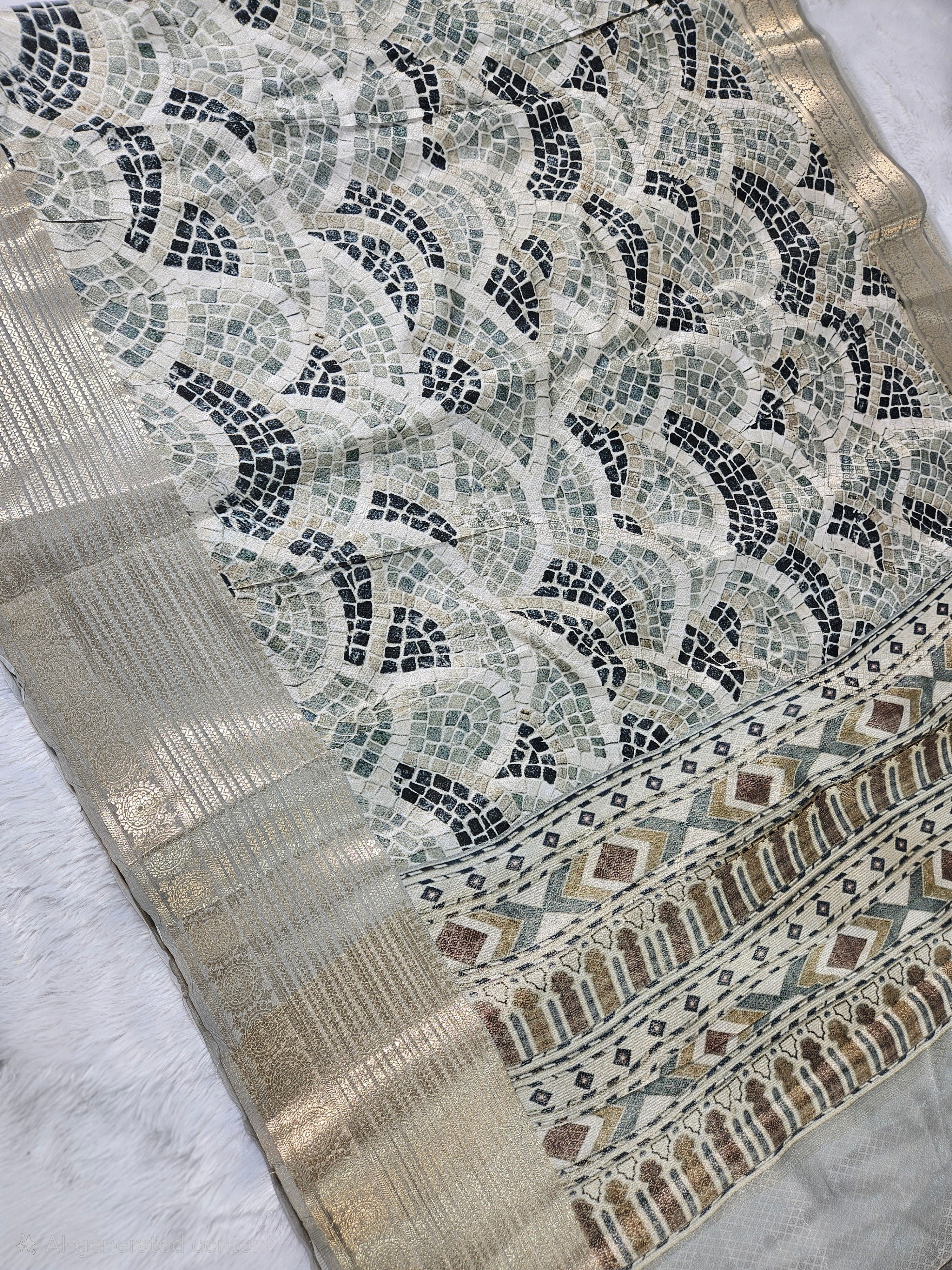 Pista Grey Banarasi Tanchui Digital Print Silk Saree with floral prints