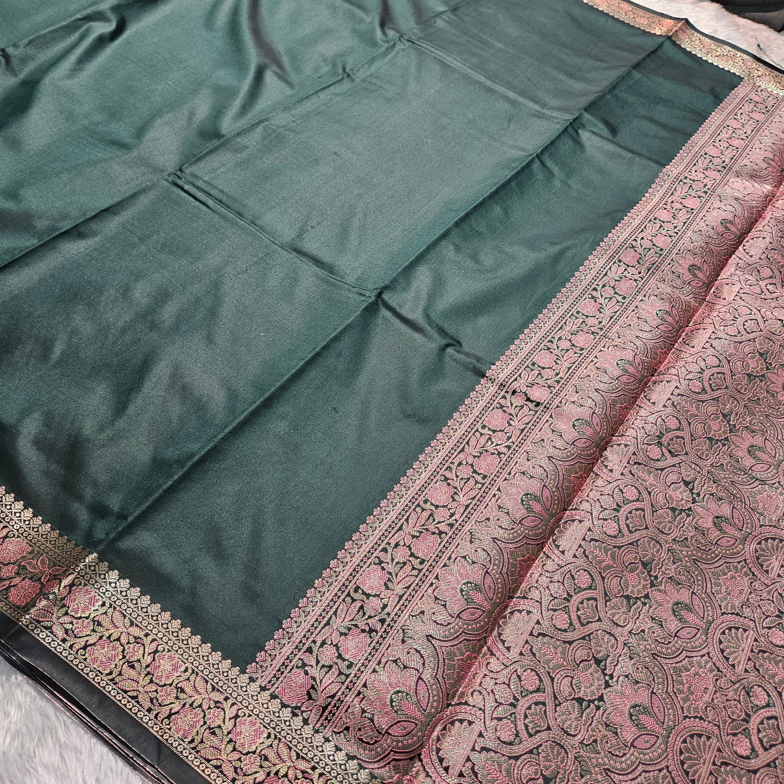 Bottle Green Banarasi Plain Saree Alfi Zari Aanchal Border Design