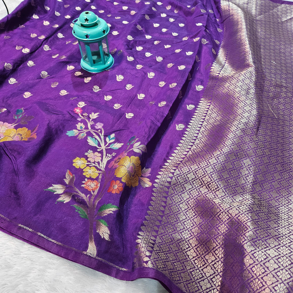 Purple Banarasi Viscose Silk Saree Tilfi Skirt