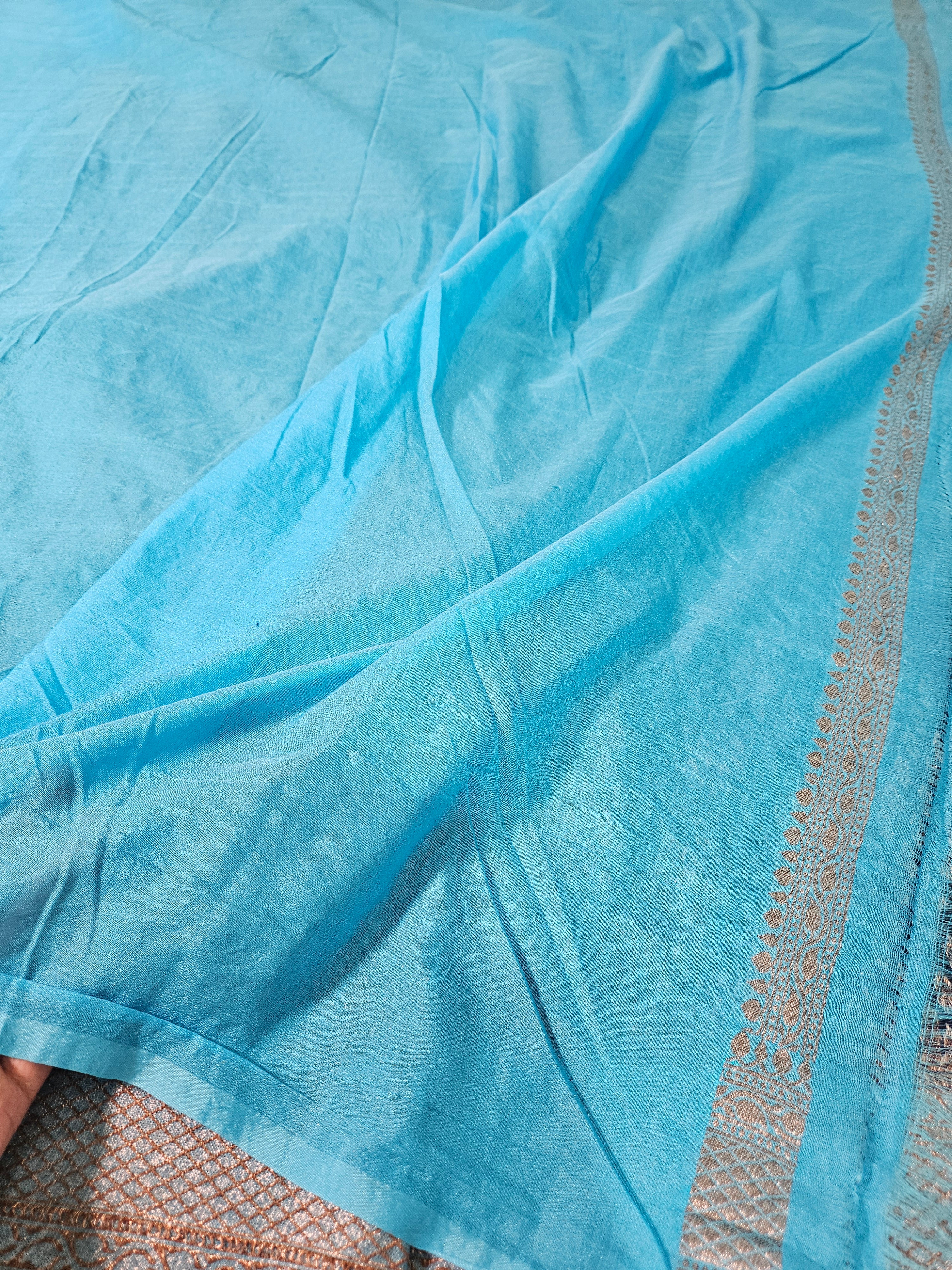 Banarasi Georgette Navy Blue Contrast Firozi Saree with Antique Zari Border buti