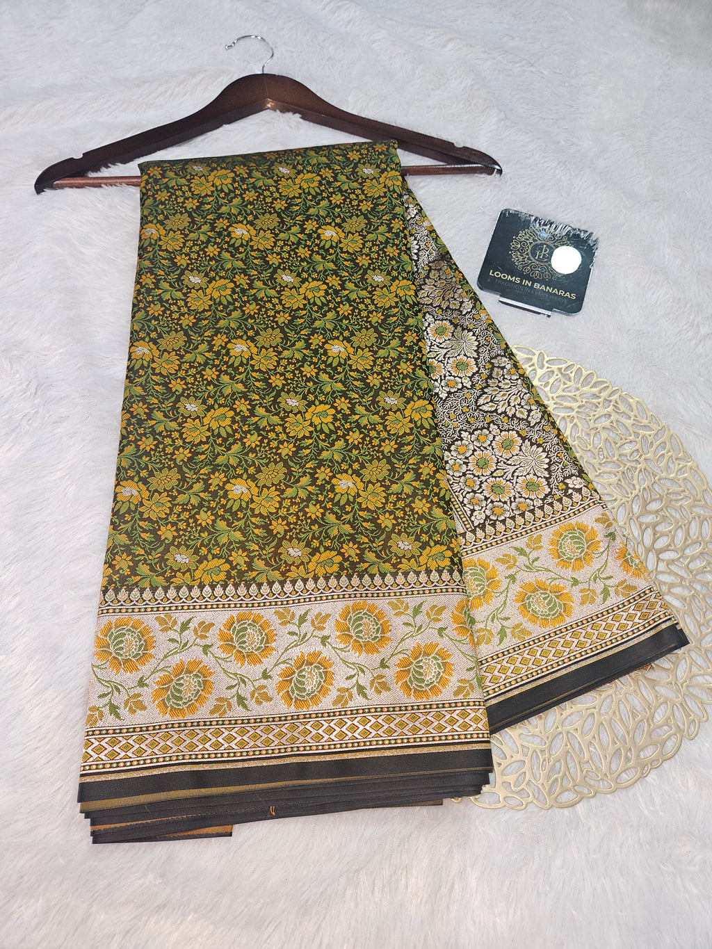 Bottle Green Banarasi Jamewar Satin Silk Saree with Green Multi Mina.