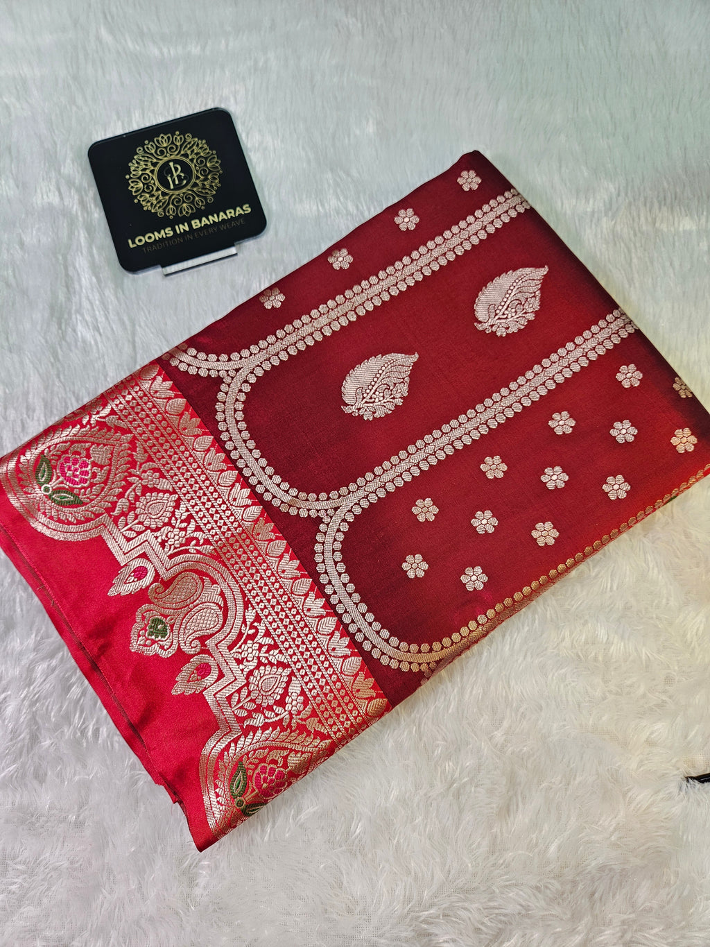 Maroon and Green Contrast Banarasi Silk Jaal Zari Border Saree