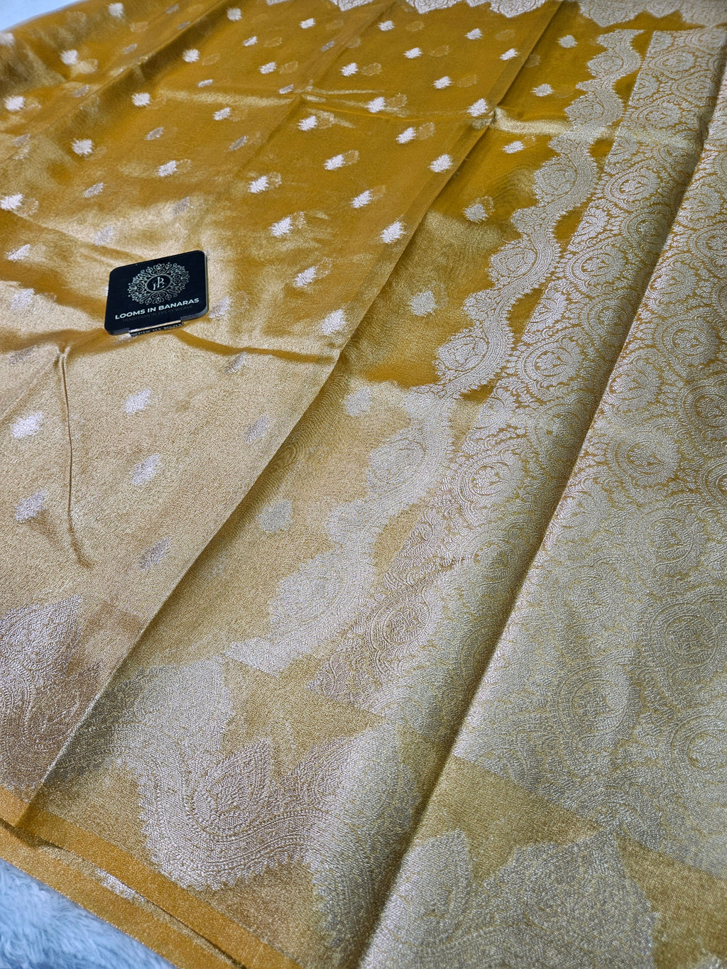 Mustar Yellow Banarasi Tissue Zari Buti Design Scallop Border Saree