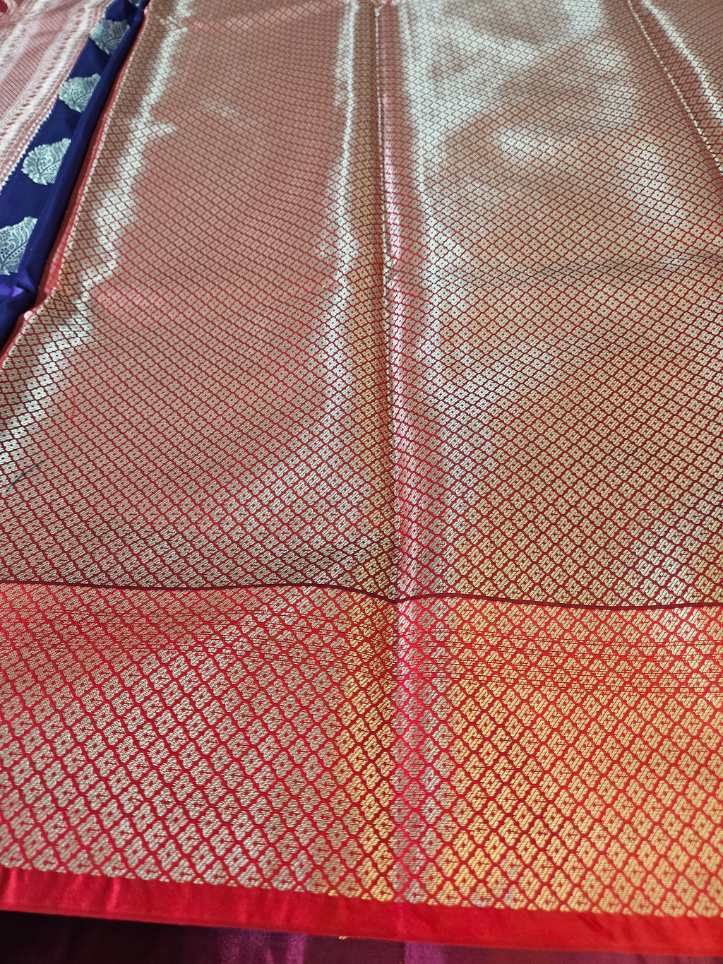 Purple and Red Contrast Banarasi Silk Jaal Zari Border Saree