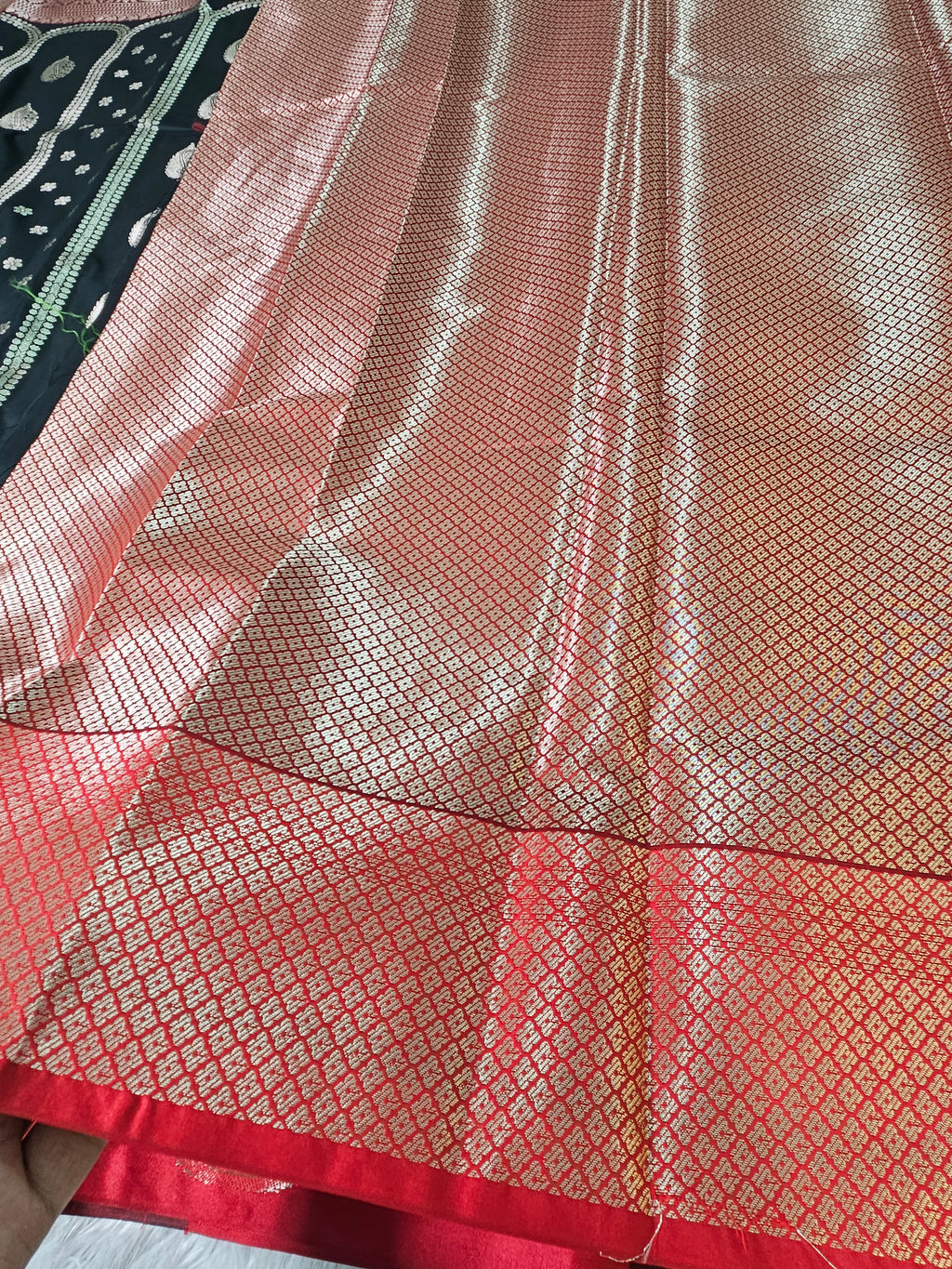 Black and Red Contrast Banarasi Silk Jaal Zari Border Saree