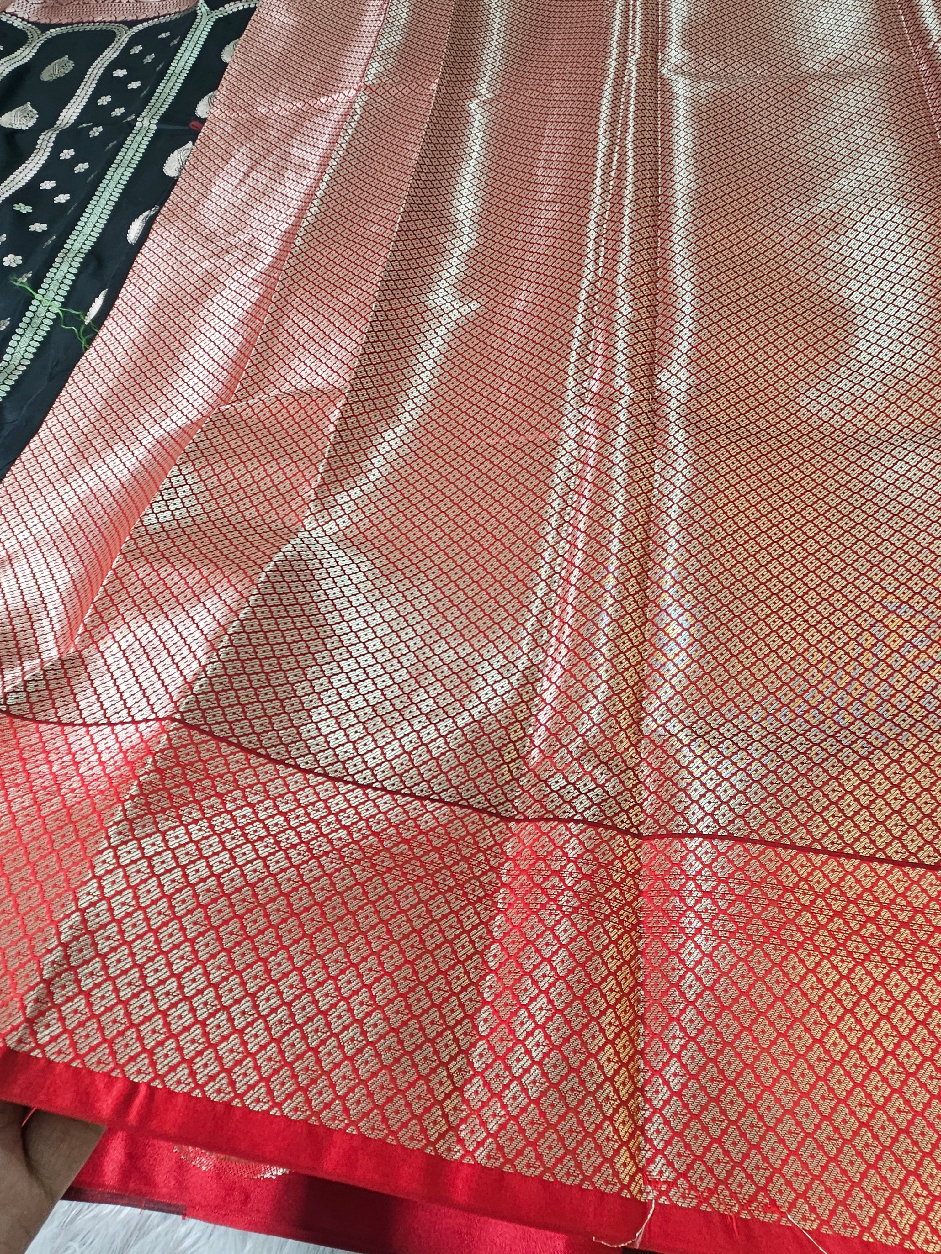 Black and Red Contrast Banarasi Silk Jaal Zari Border Saree
