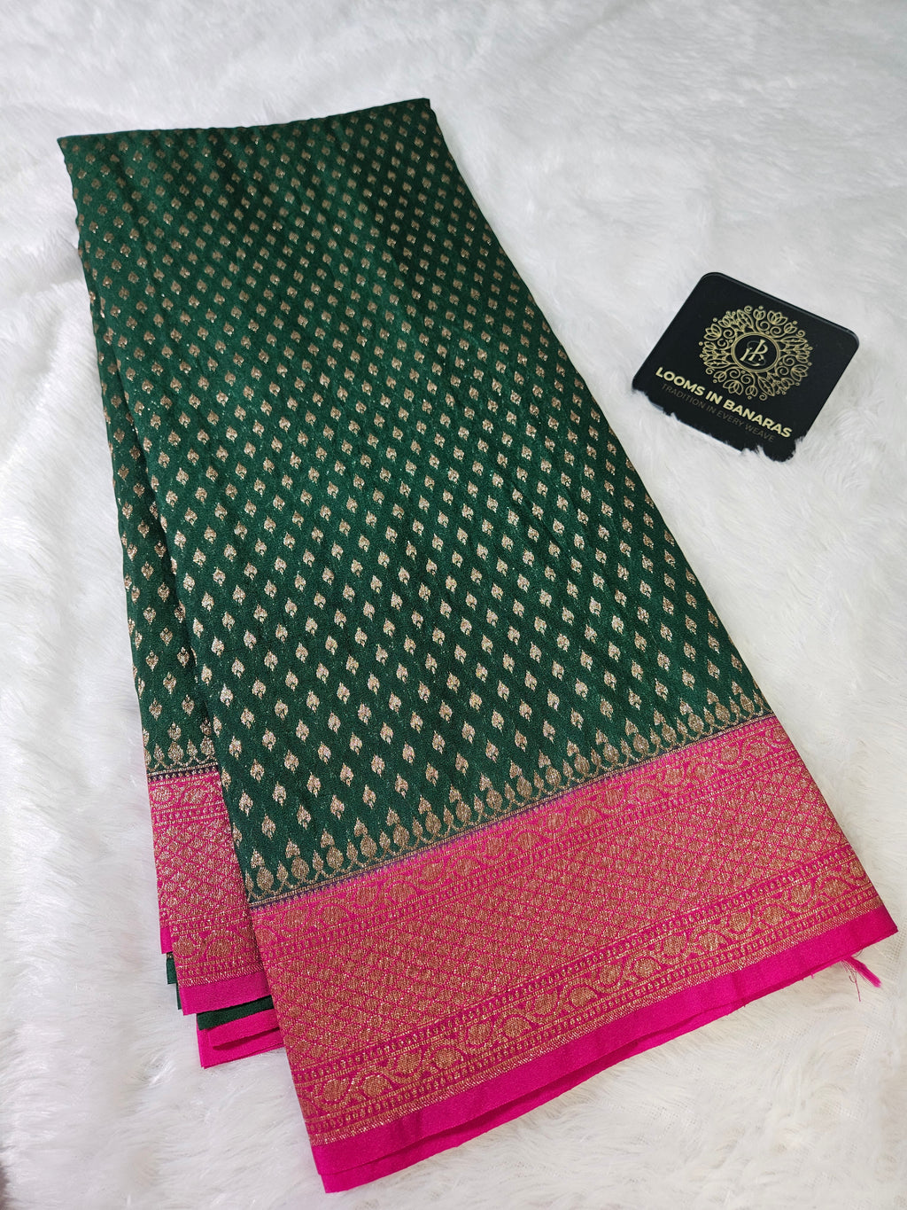 Banarasi Georgette Green Contrast Rani with Antique Zari Border buti