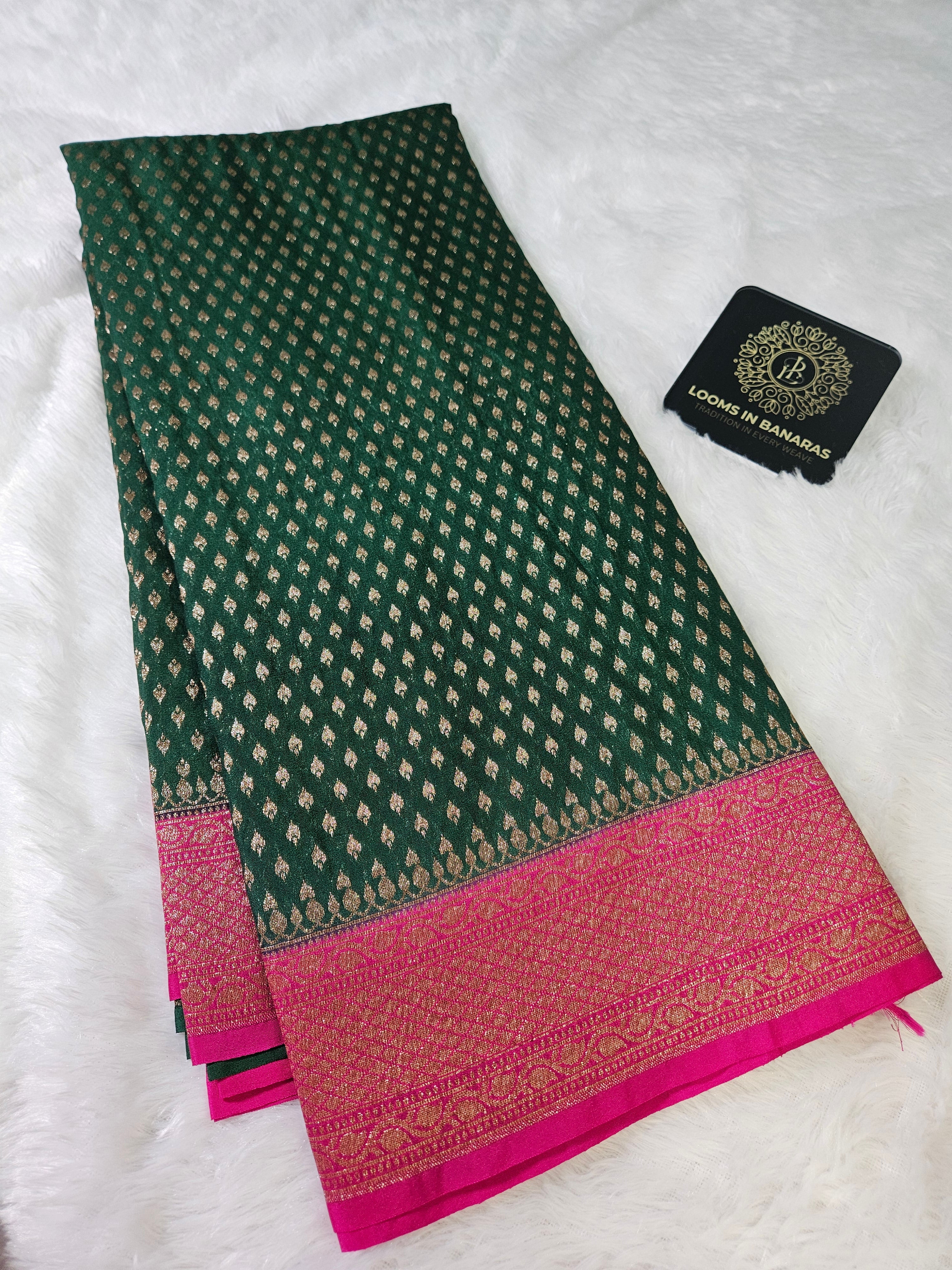 Banarasi Georgette Green Contrast Rani with Antique Zari Border buti