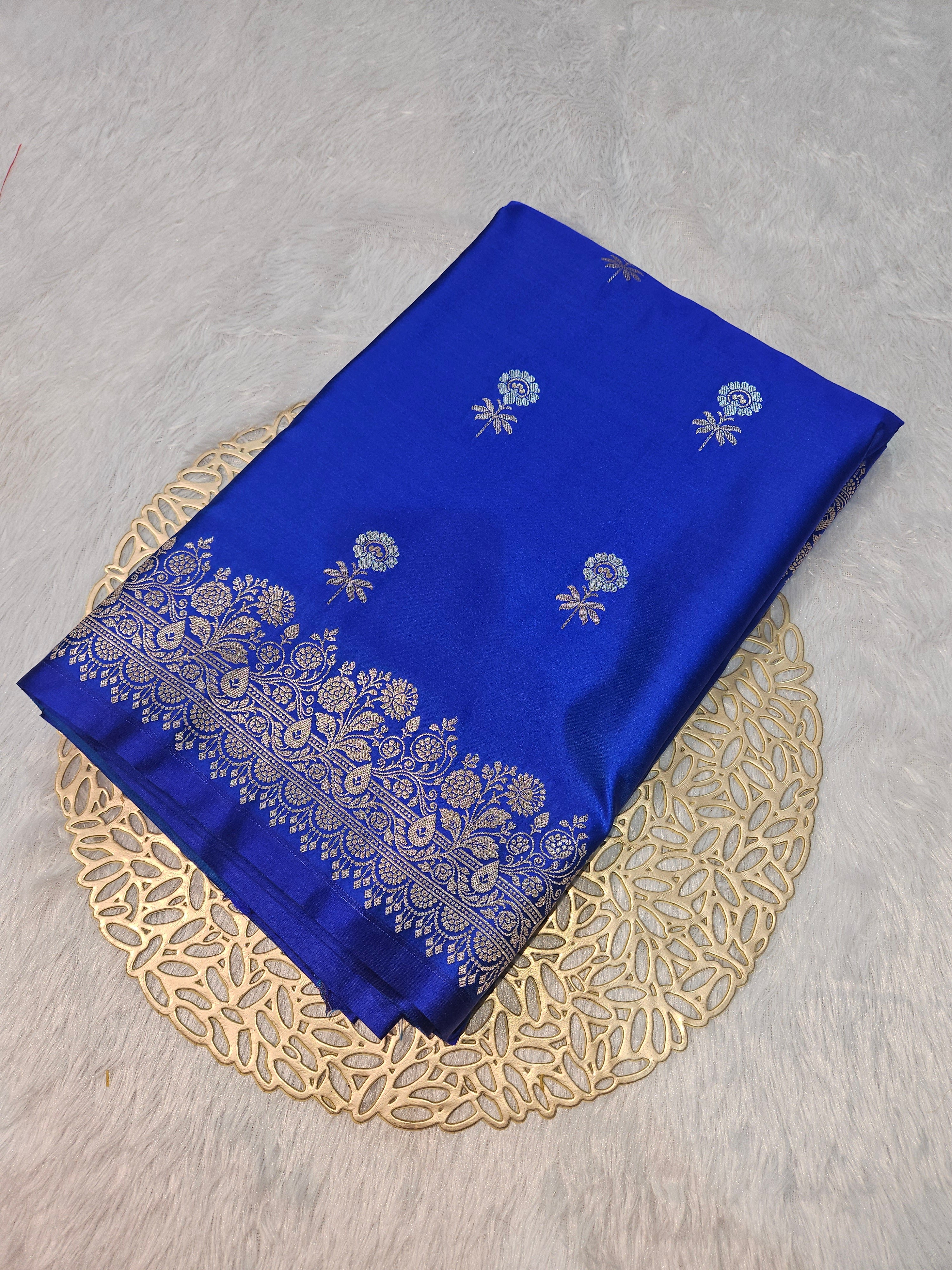 Royal Blue Banarasi Mashru Silk Alfi Border Booti Saree
