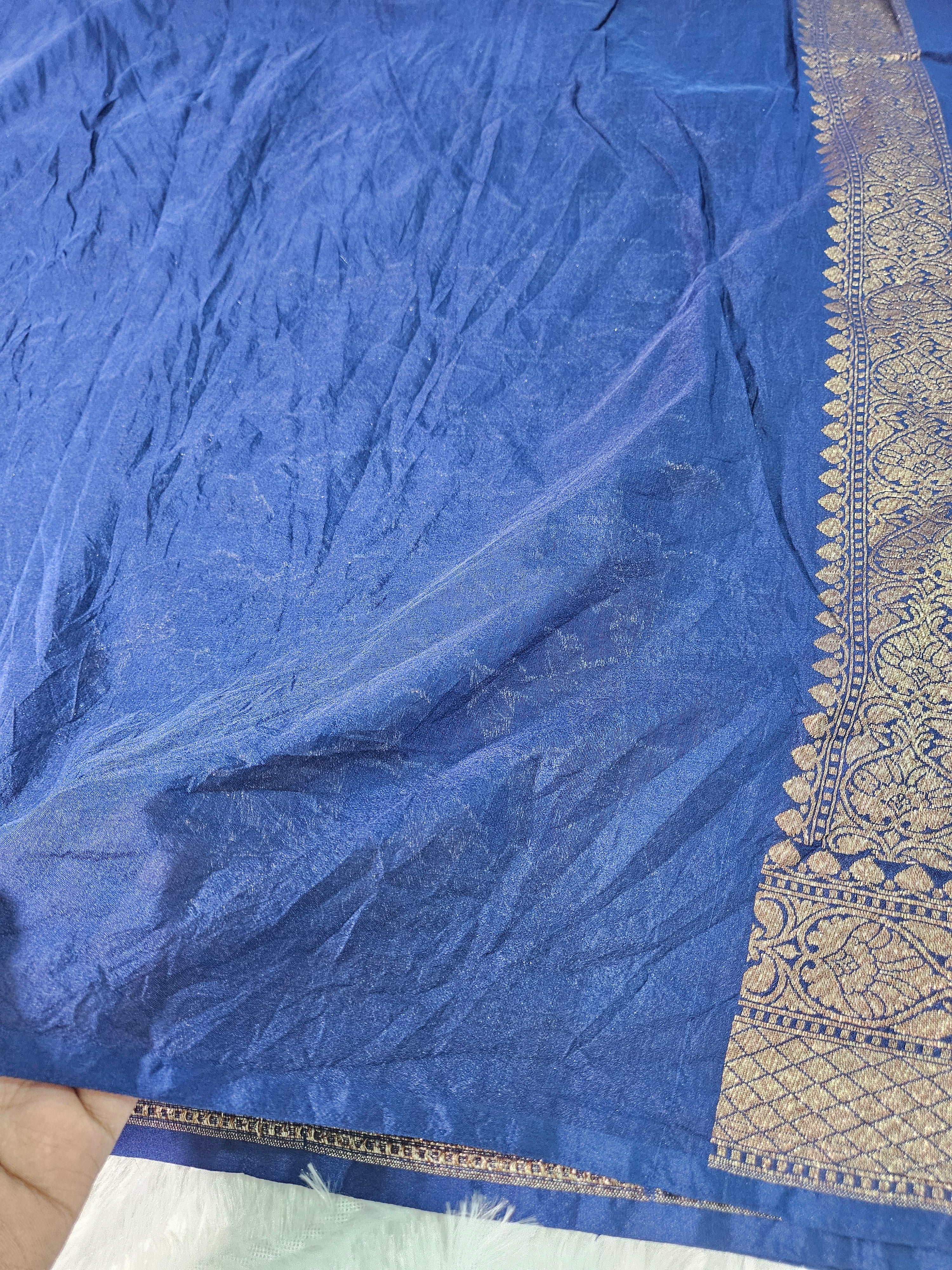 Banarasi Georgette Navy Saree with Antique Zari Border Jaal