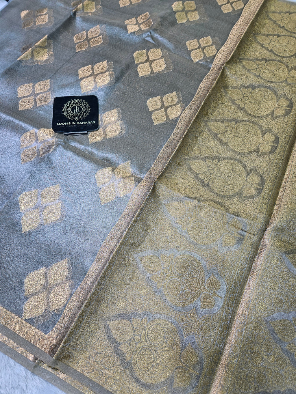 Metallic Grey Banarasi Tissue Zari Buti Design Small Border Saree