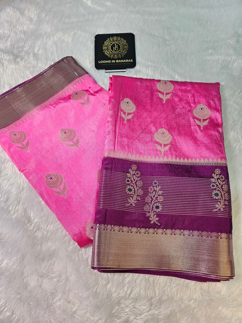 Banarasi Pink and Purple contrast Raw Mango Silk Fancy Border Booti Saree