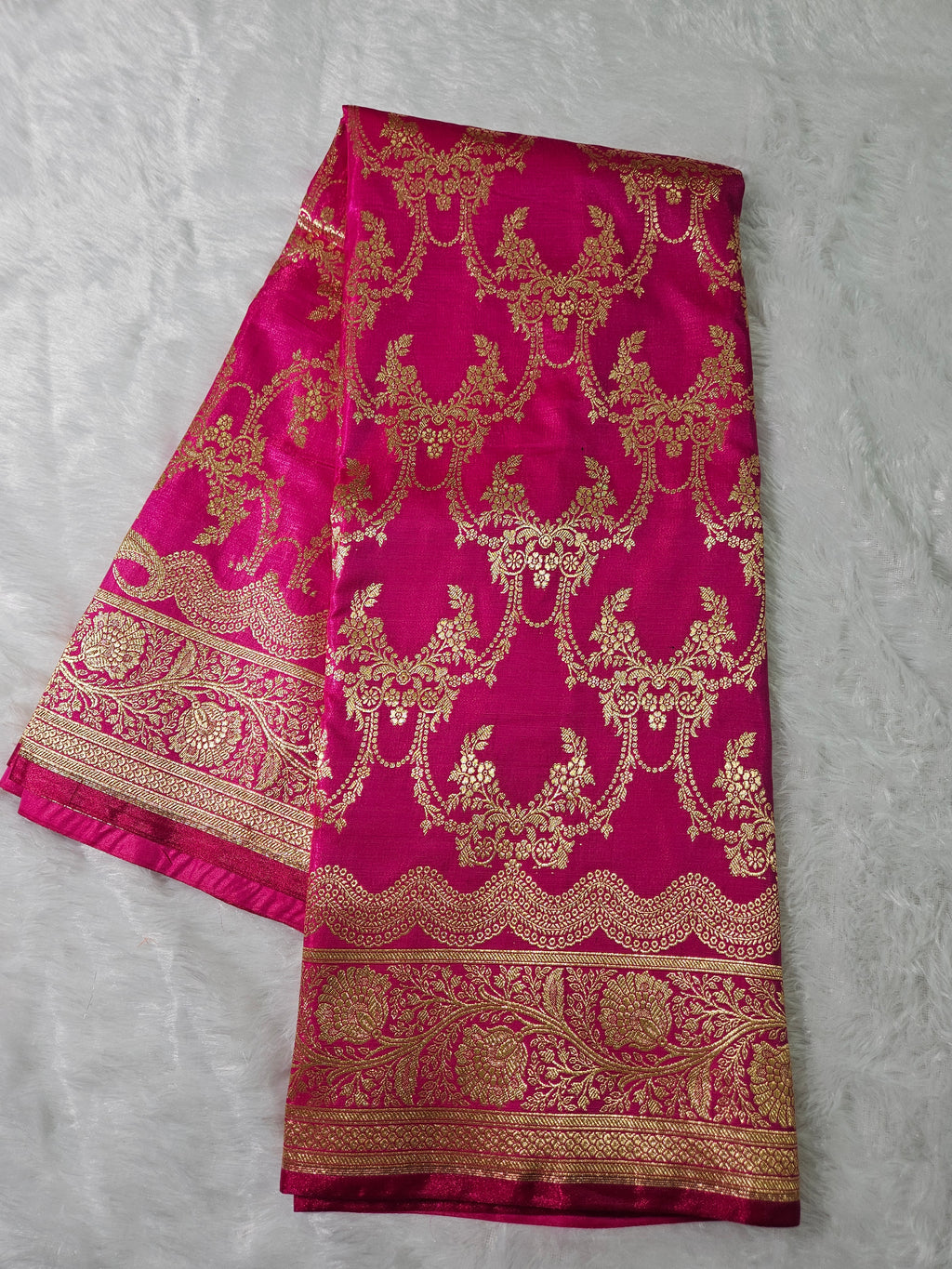 Rani Pink Satin Silk Banarasi Border Jangla Saree