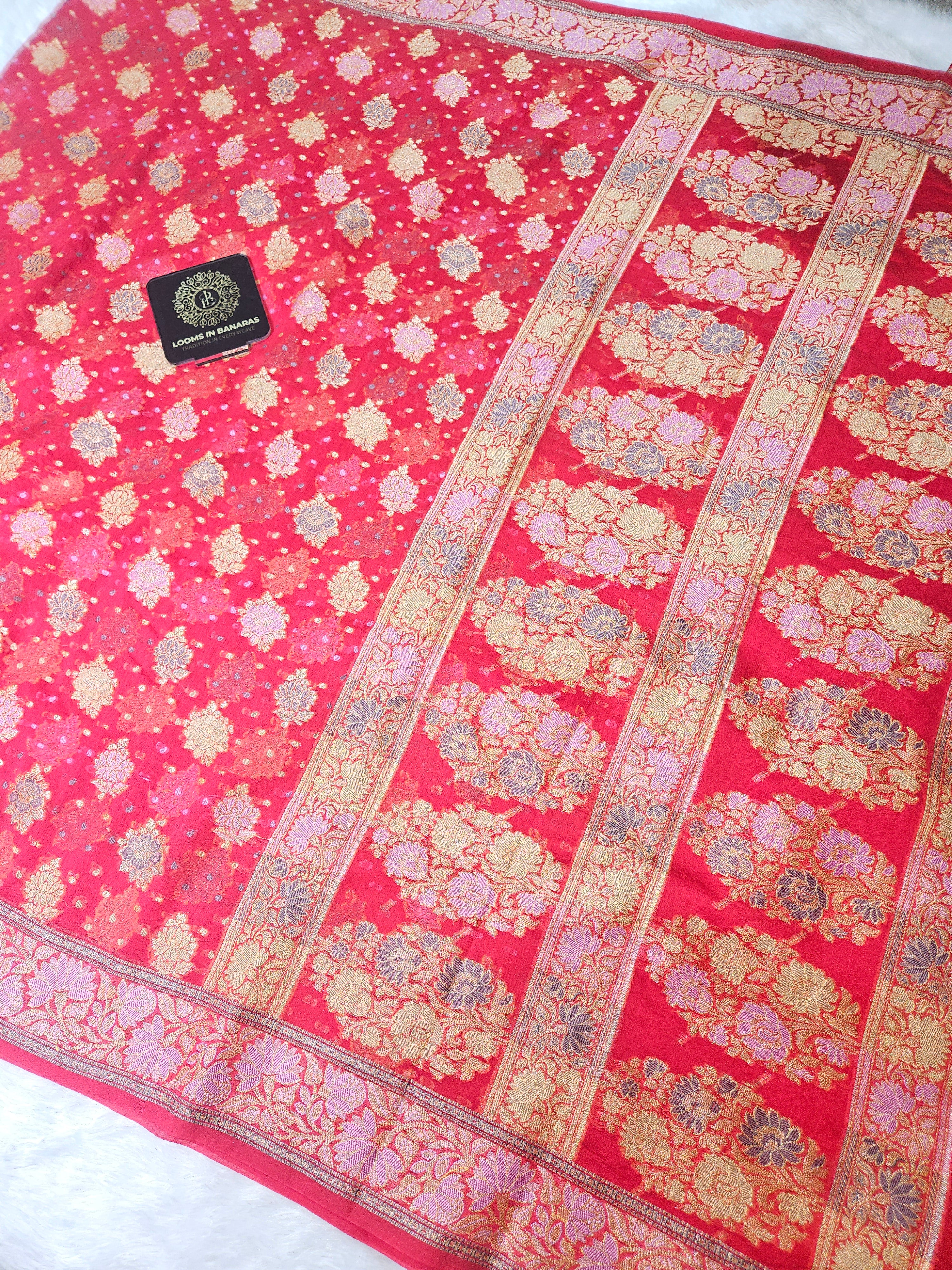 Banarasi Crepe Georgette Red Saree with Gold Zari Buta Design