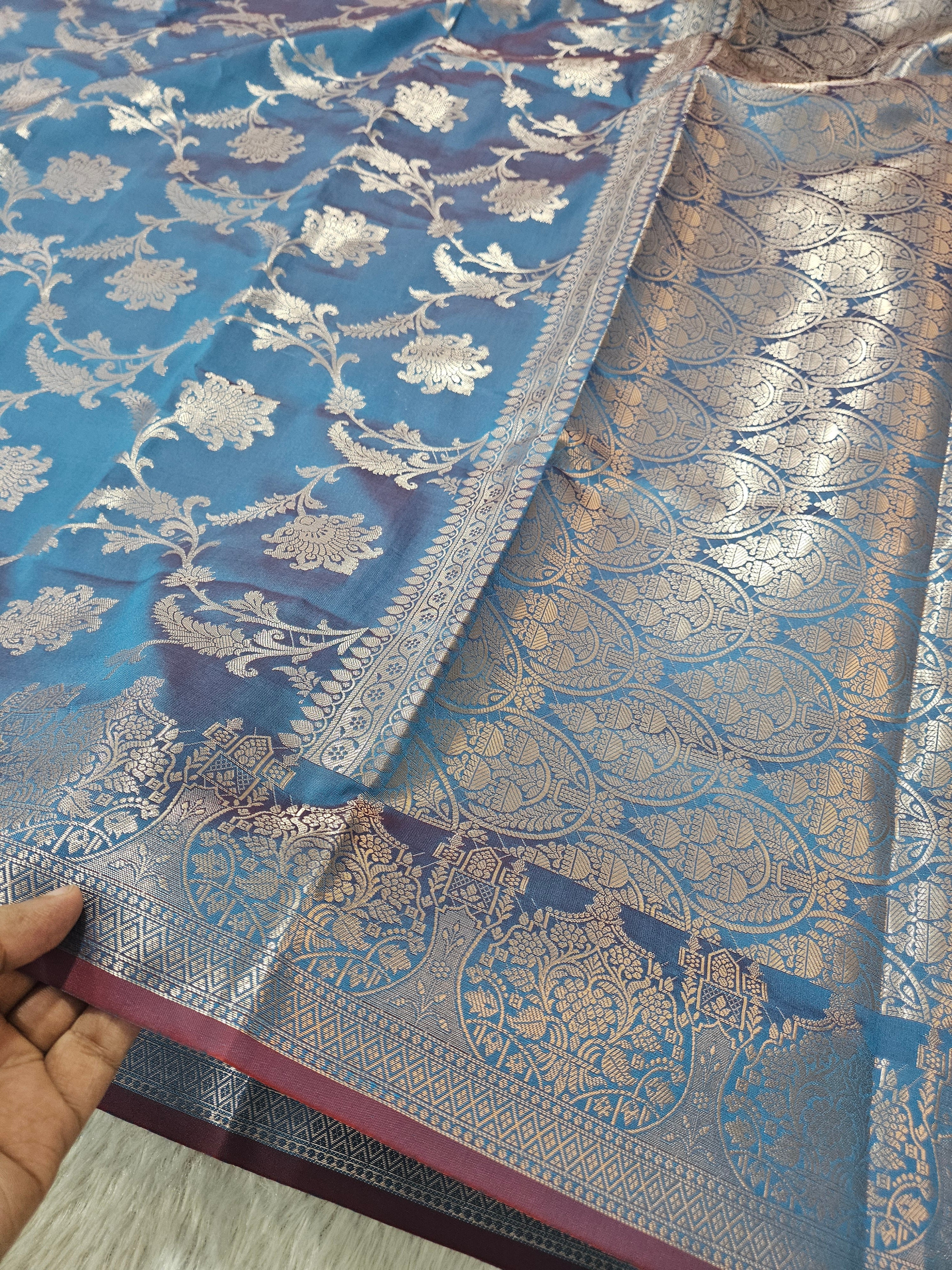 Banarasi Silk Firozi Jaal Zari Border Saree