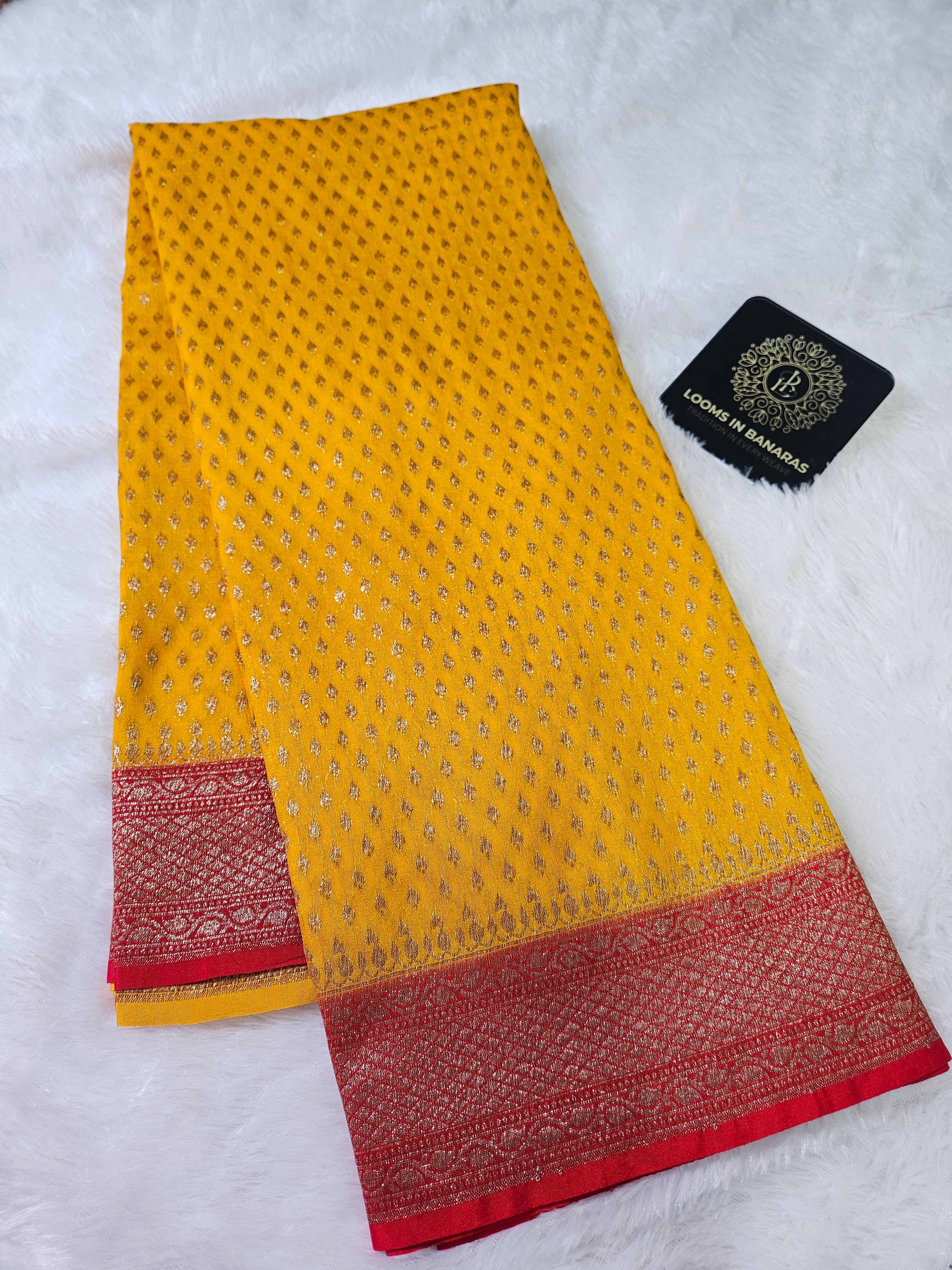 Banarasi Georgette Yellow Contrast Red Saree with Antique Zari Border buti