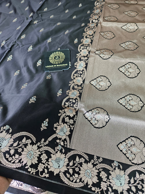 Banarasi Black Green Mashru Silk Banarasi Alfi Border Booti Saree
