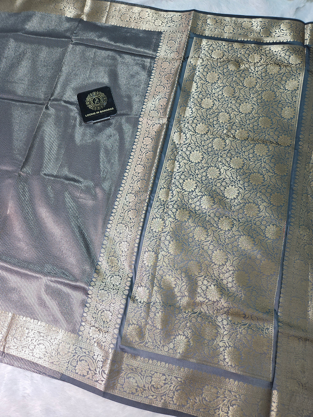 Grey Banarasi Soft Tissue Zari Stripe Design Saree