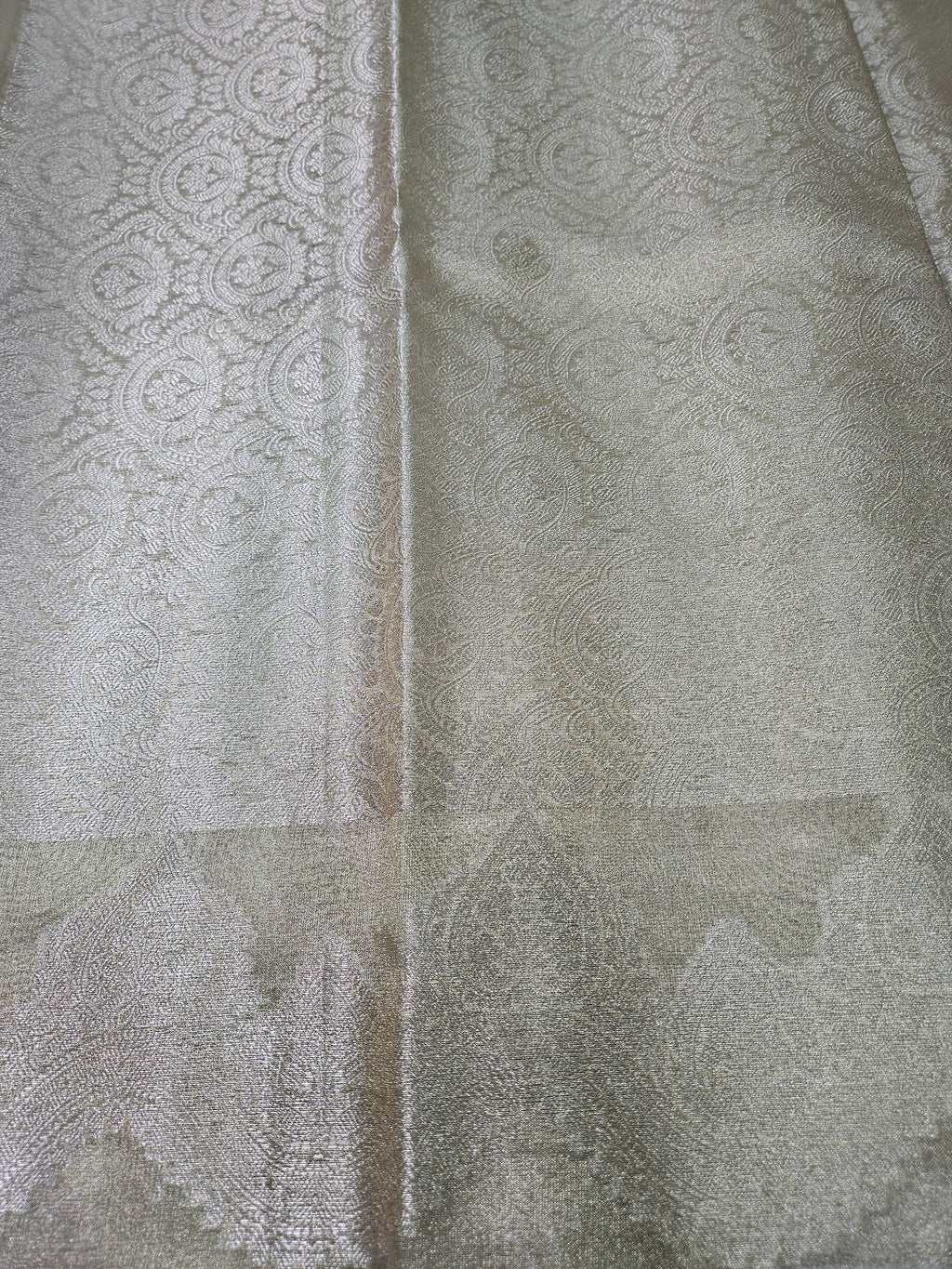 Light Gold Banarasi Tissue Zari Buti Design Scallop Border Saree