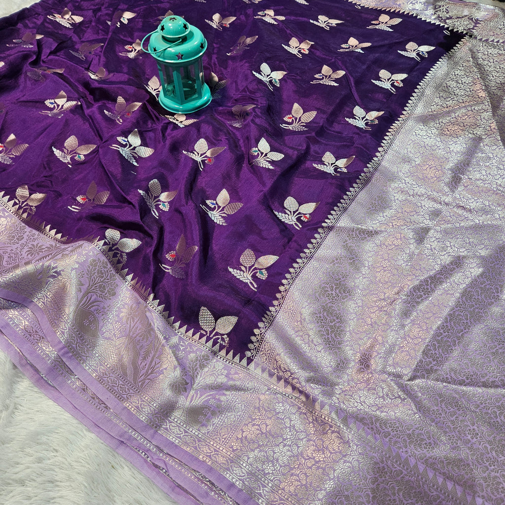Purple and Lavender Contrast Banarasi Viscose Silk Saree Mina Buta with Zari Border