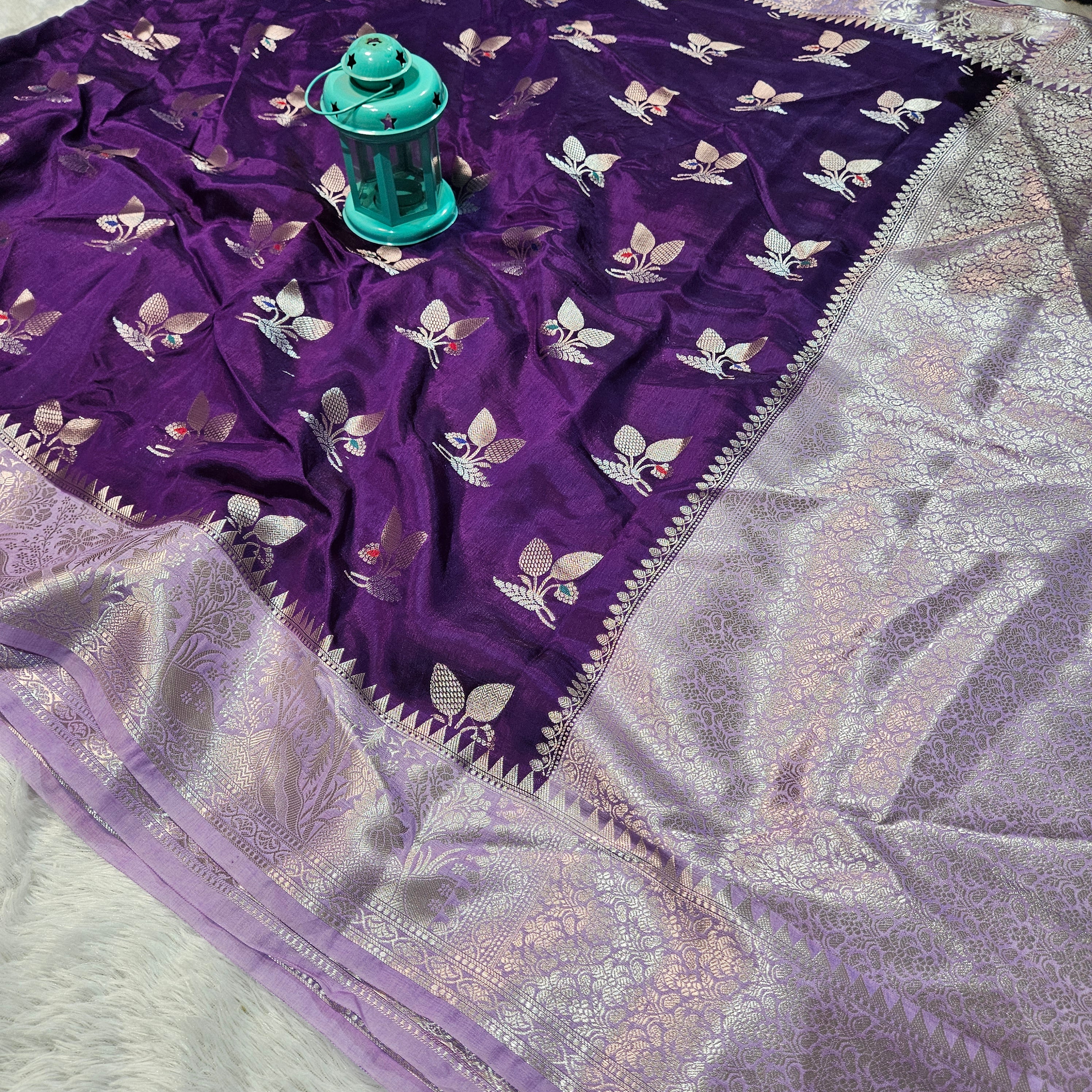 Purple and Lavender Contrast Banarasi Viscose Silk Saree Mina Buta with Zari Border