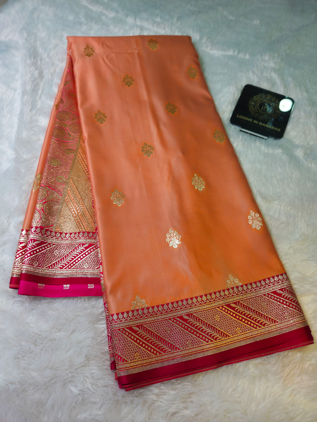 Banarasi Peach And Rani Contrast Mashru Silk Banarasi Border Booti Saree