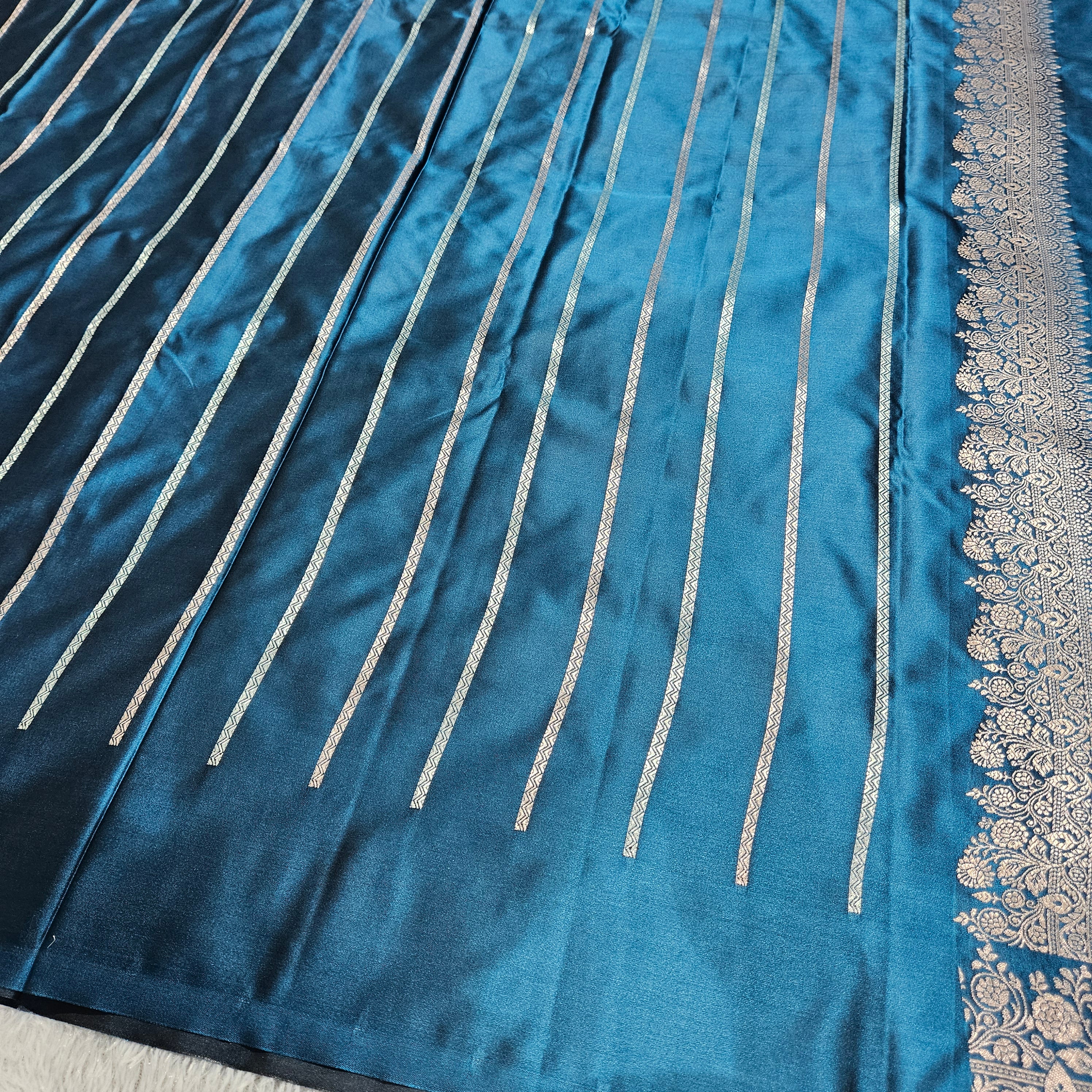 German Blue Banarasi Mashru Silk Alfi Border Booti Saree