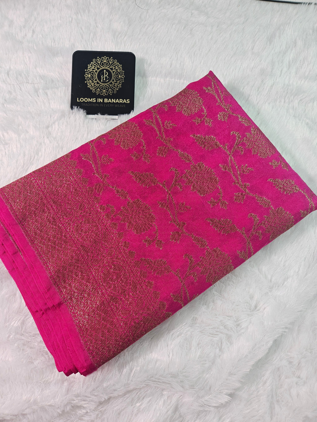 Banarasi Georgette Rani Pink Saree with Antique Zari Border Jaal