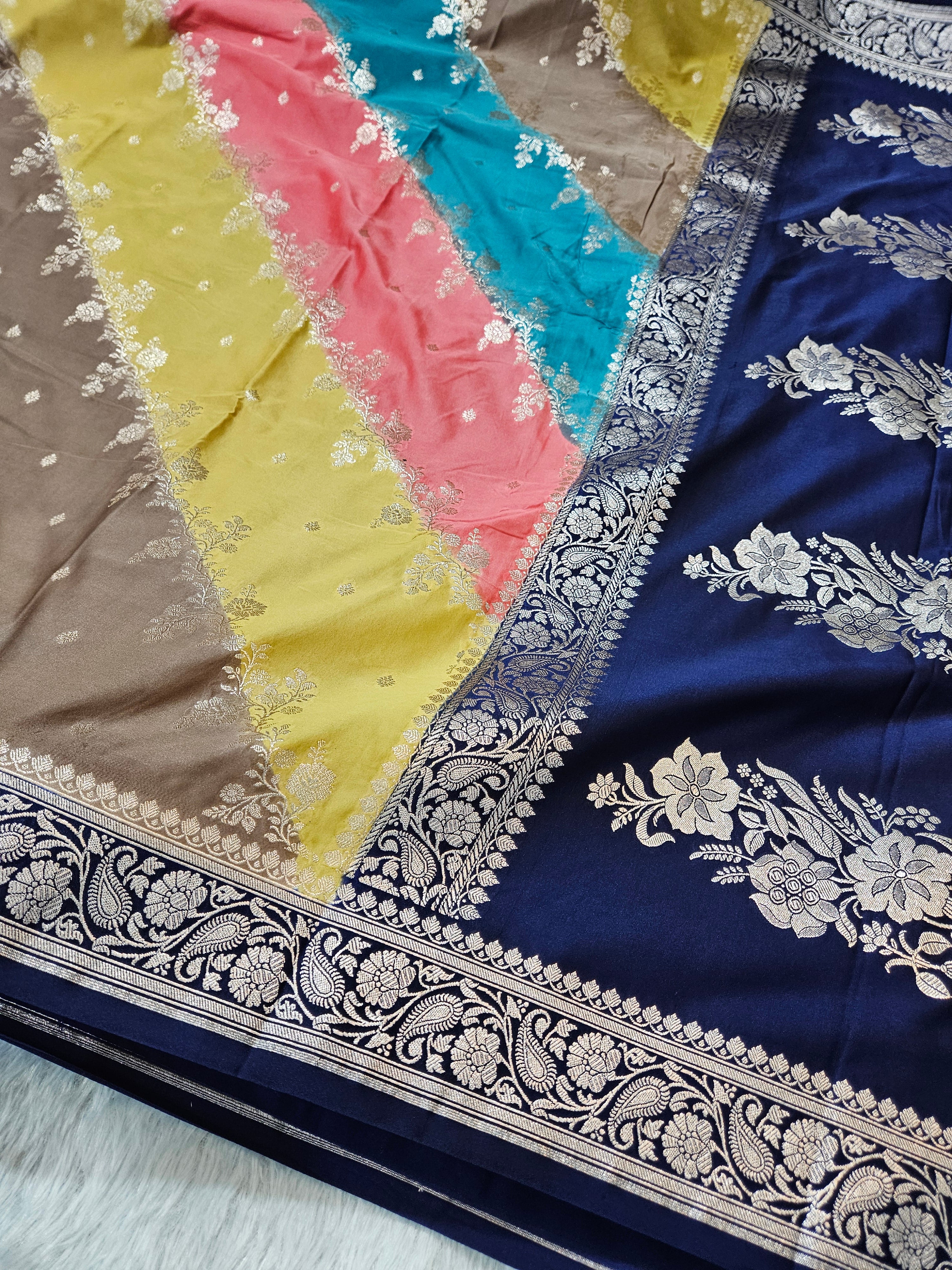 Rangkaat Navy Blue Mashru Silk Banarasi Saree Aada Design Multi Colour