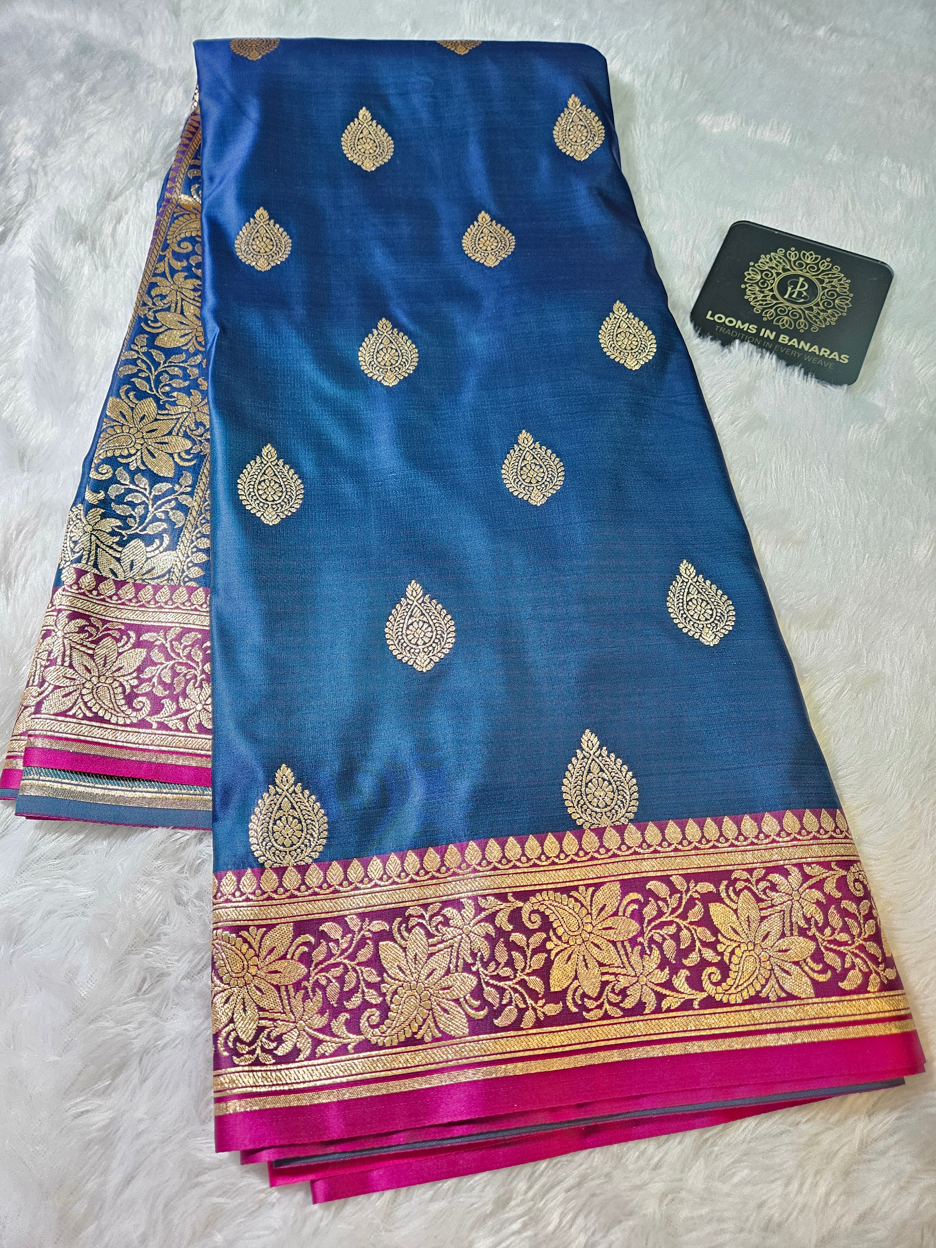 Banarasi Blue and Rani Contrast Mashru Silk Banarasi Border Booti Saree