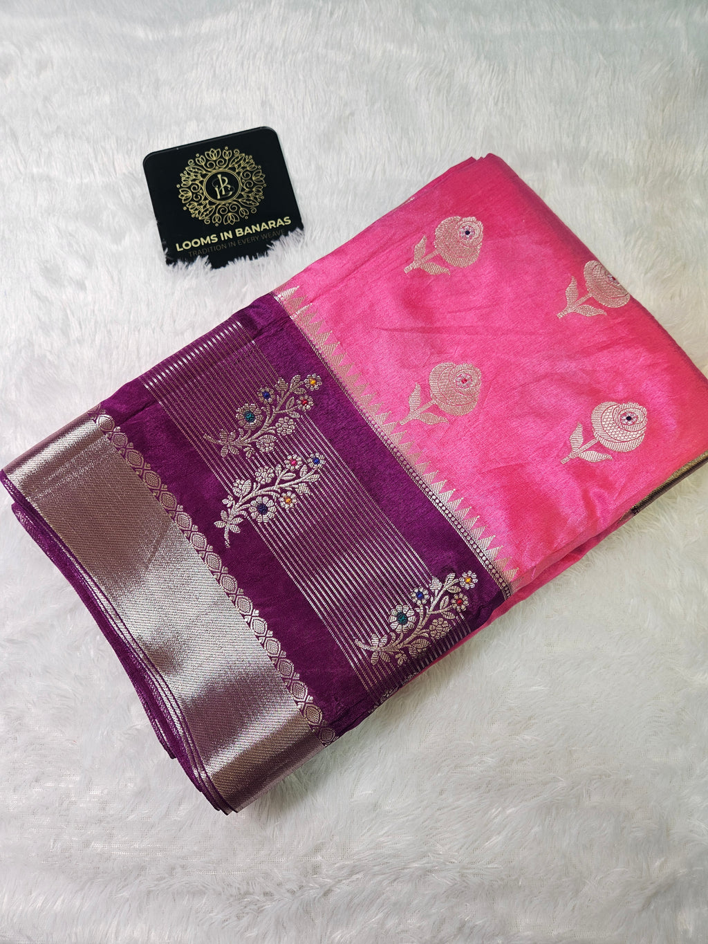 Banarasi Pink and Purple contrast Raw Mango Silk Fancy Border Booti Saree