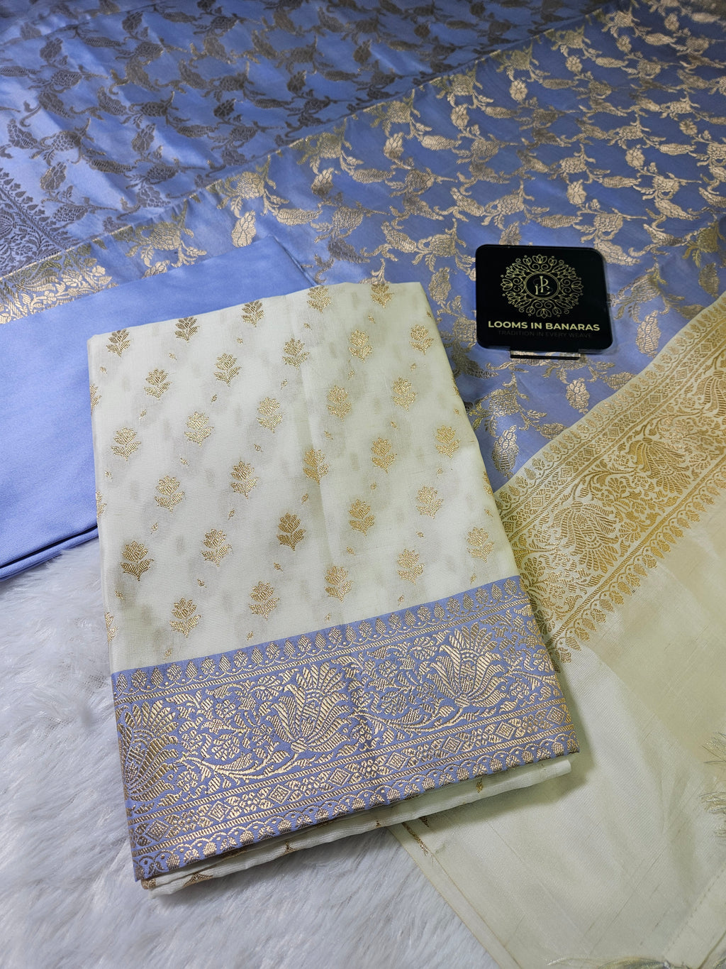 White And Lavender Contrast Zari Buti Banarasi Silk Suit