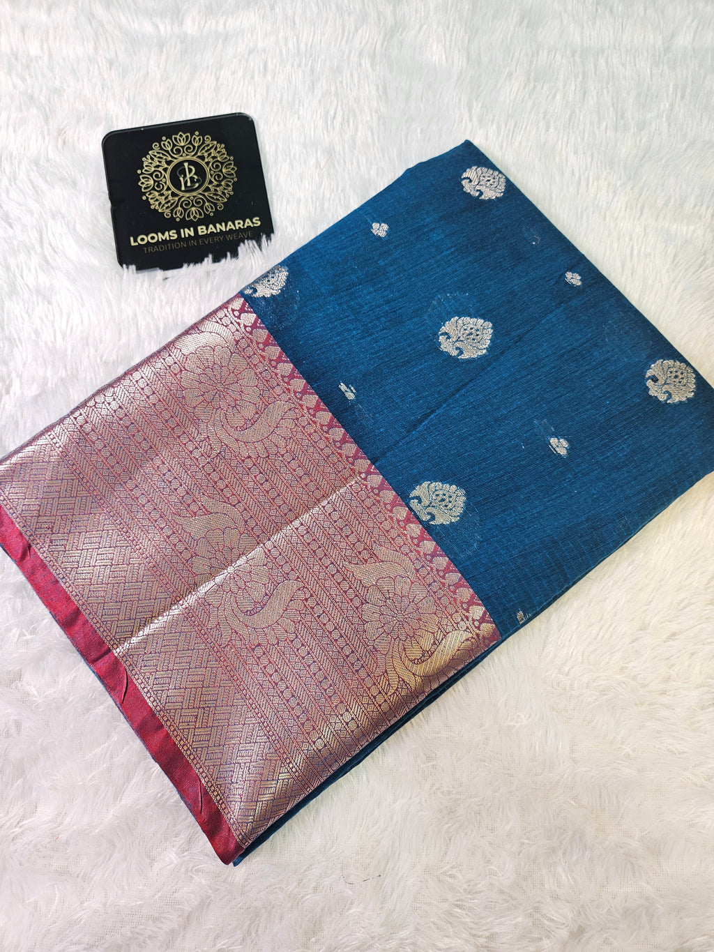 Blue and Red Contrast Banarasi Cotton Zari Border Boota Saree