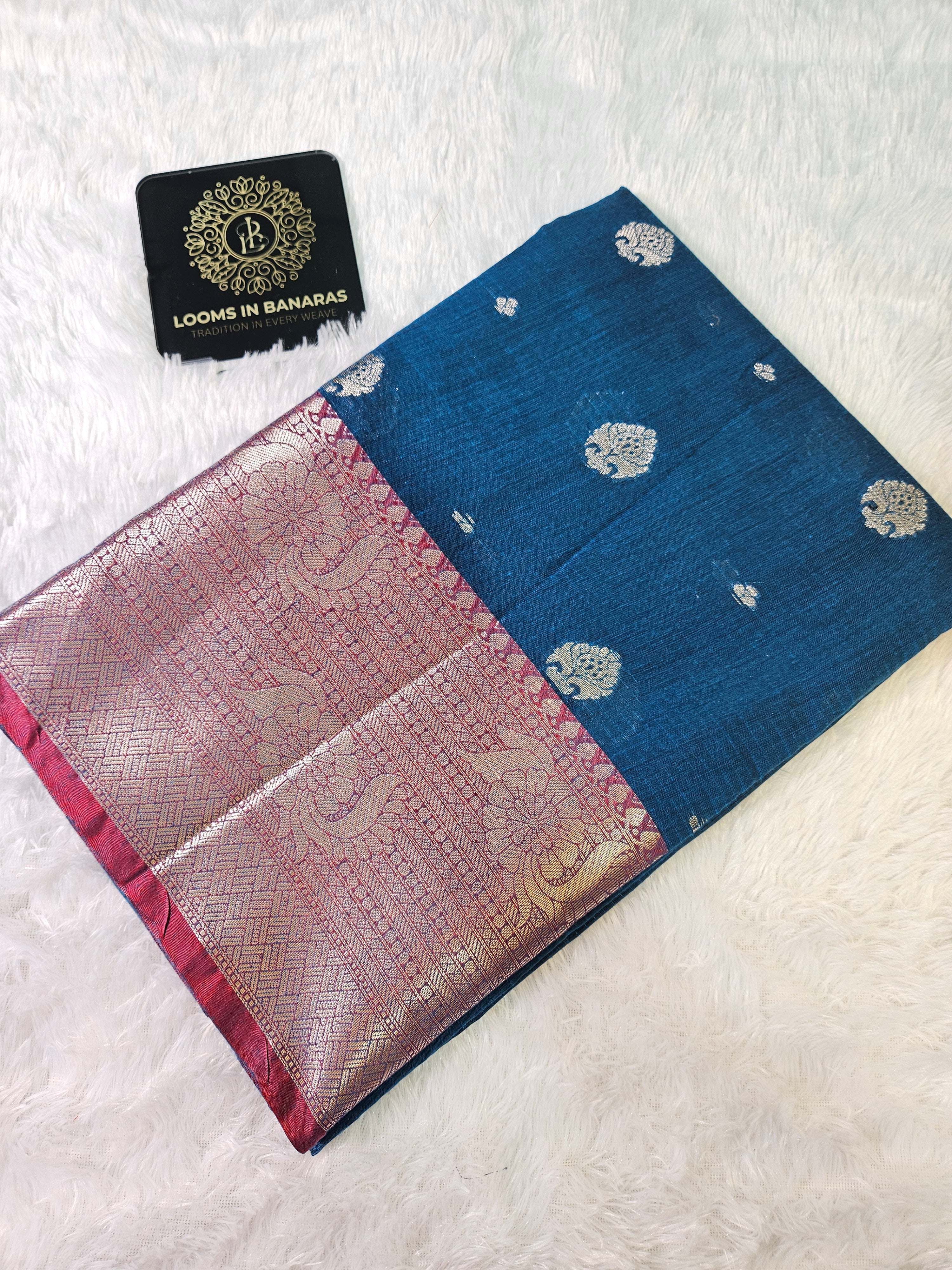 Blue and Red Contrast Banarasi Cotton Zari Border Boota Saree