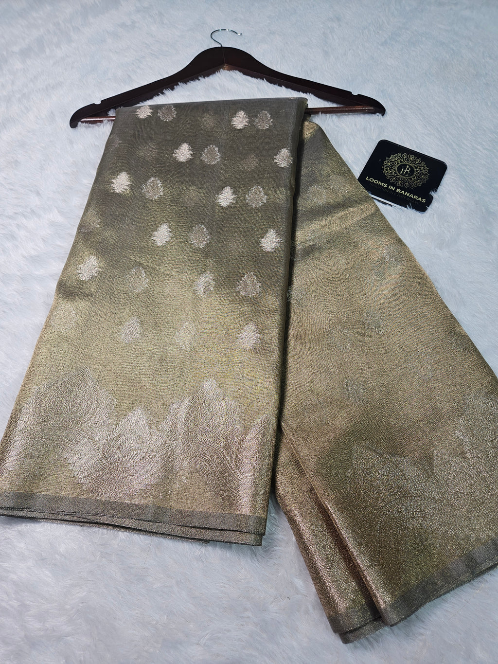 Golden Olive Banarasi Tissue Zari Buti Design Saree