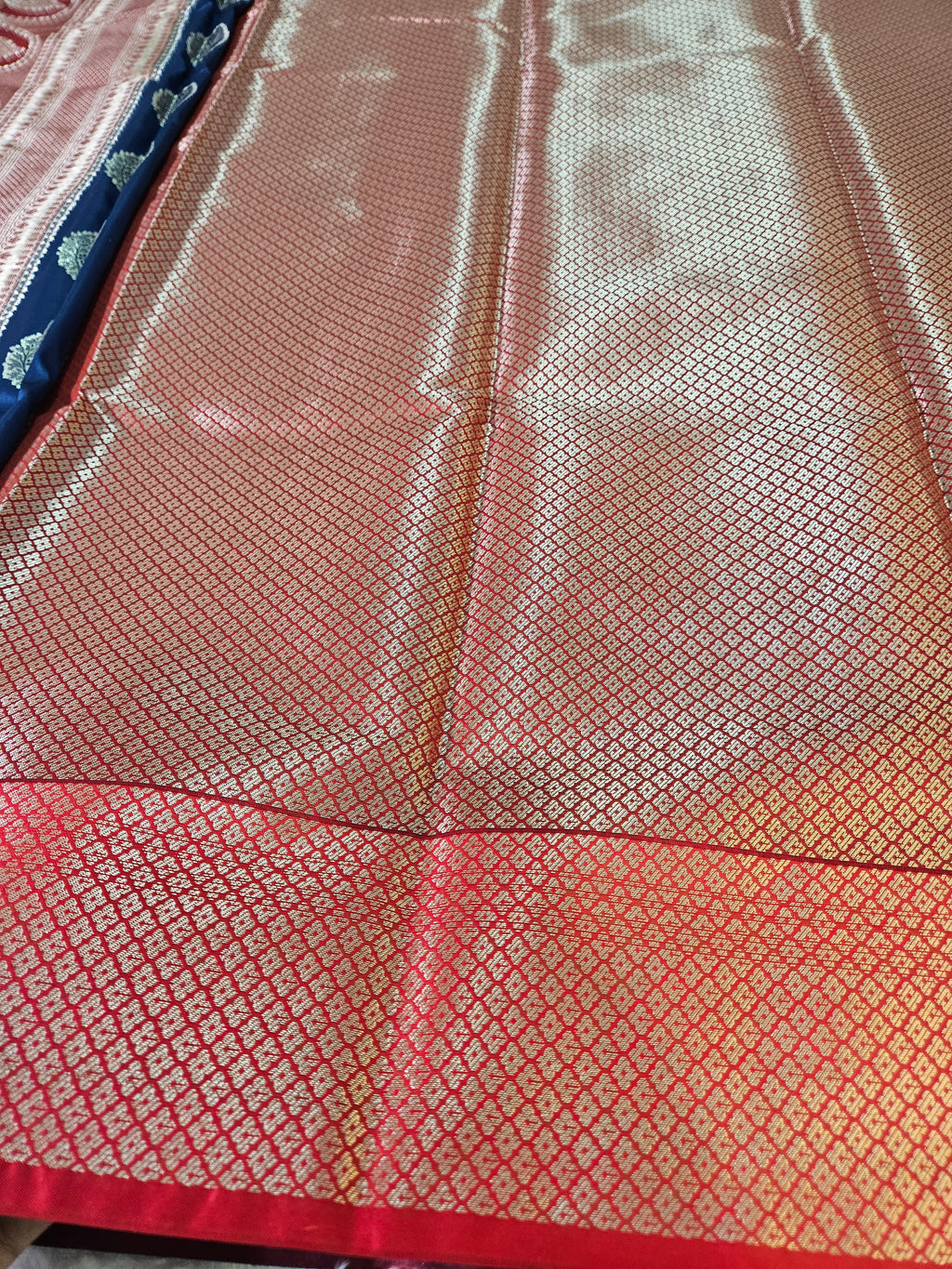 Blue and Red Contrast Banarasi Silk Jaal Zari Border Saree