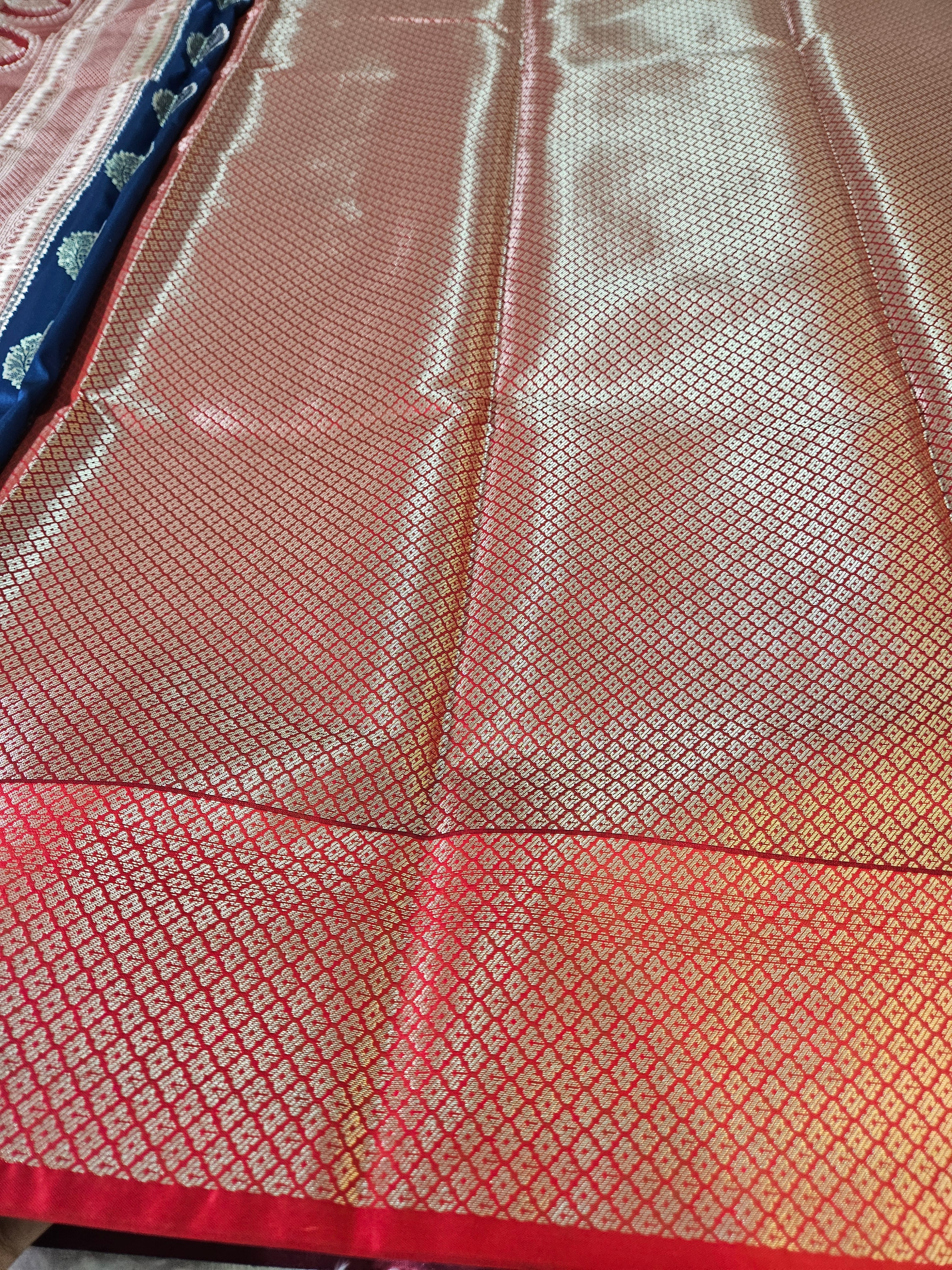 Blue and Red Contrast Banarasi Silk Jaal Zari Border Saree