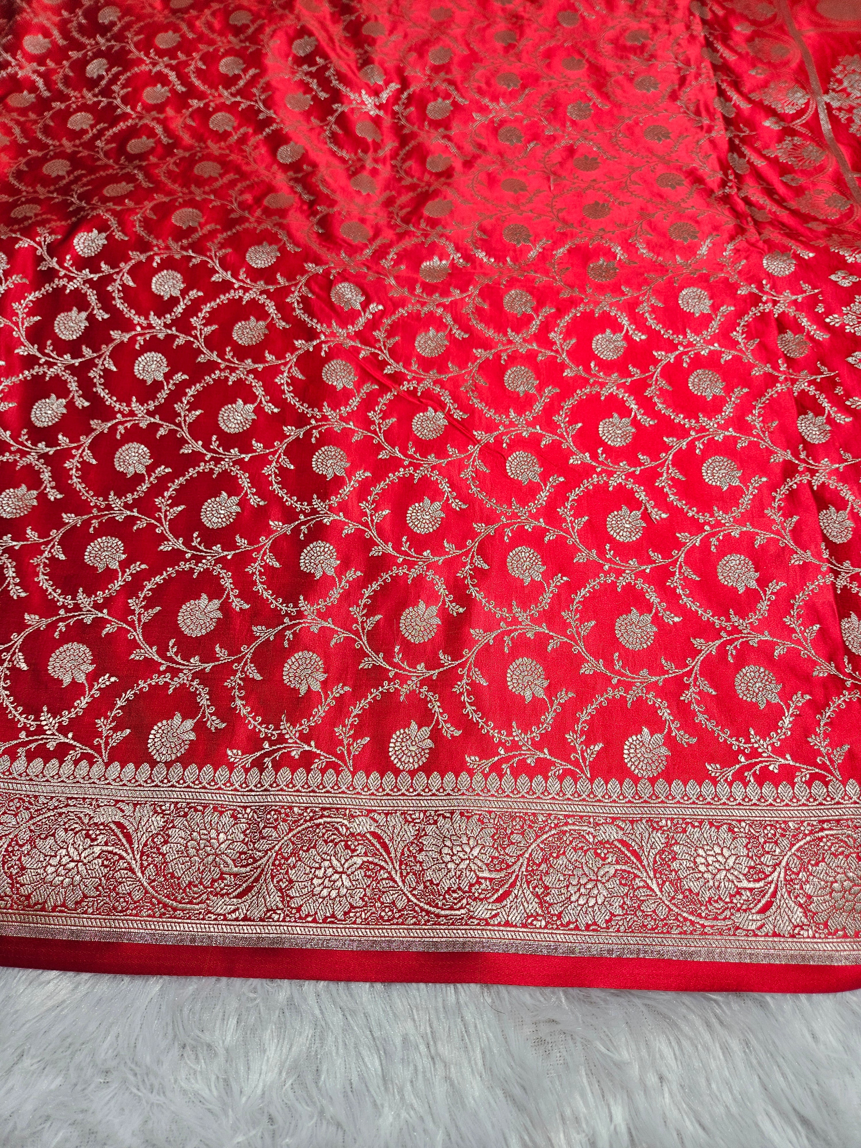 Red Banarasi Mashru Silk Border Jaal Saree