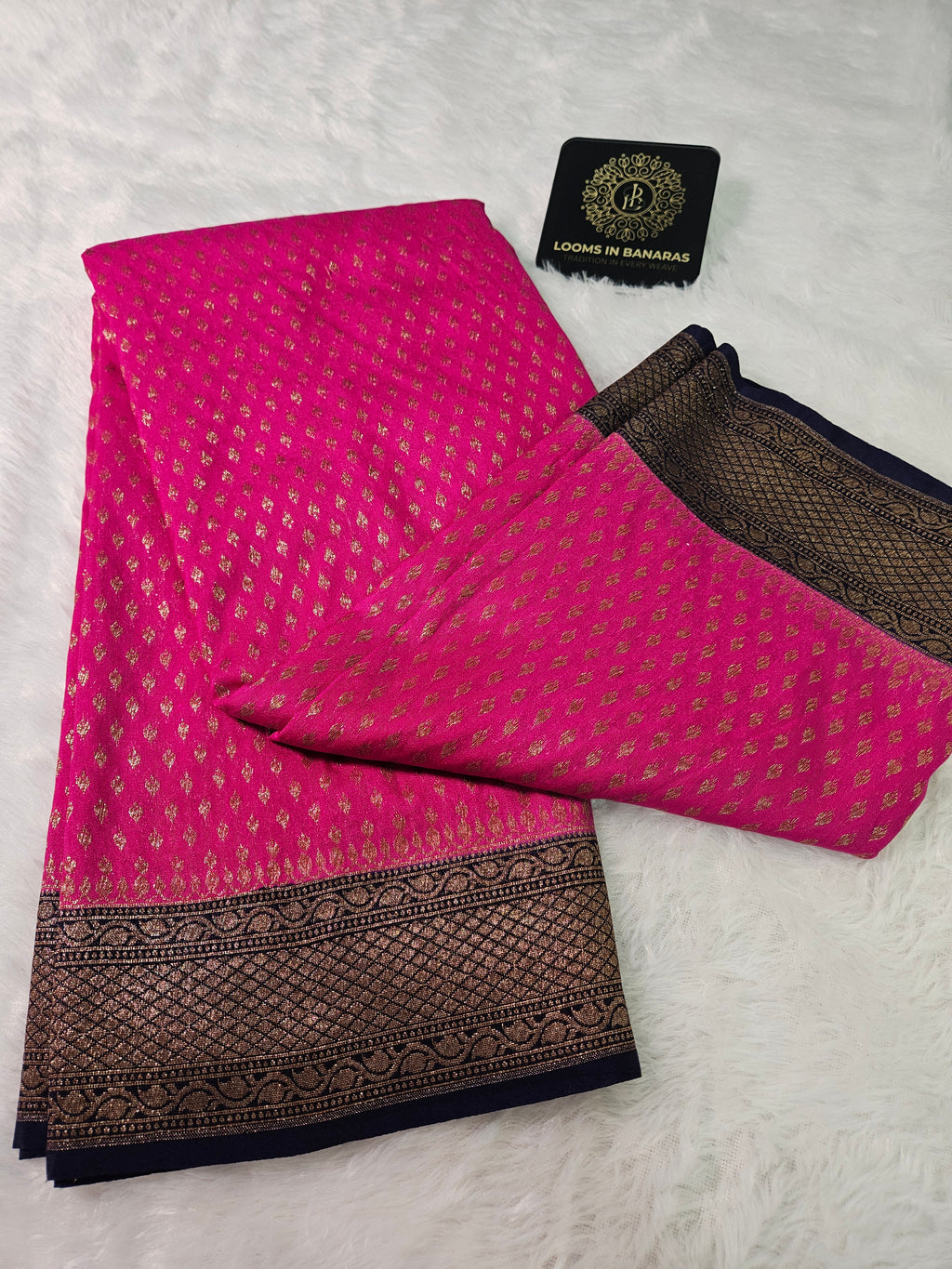 Banarasi Georgette Rani Pink Contrast Navy with Antique Zari Border buti