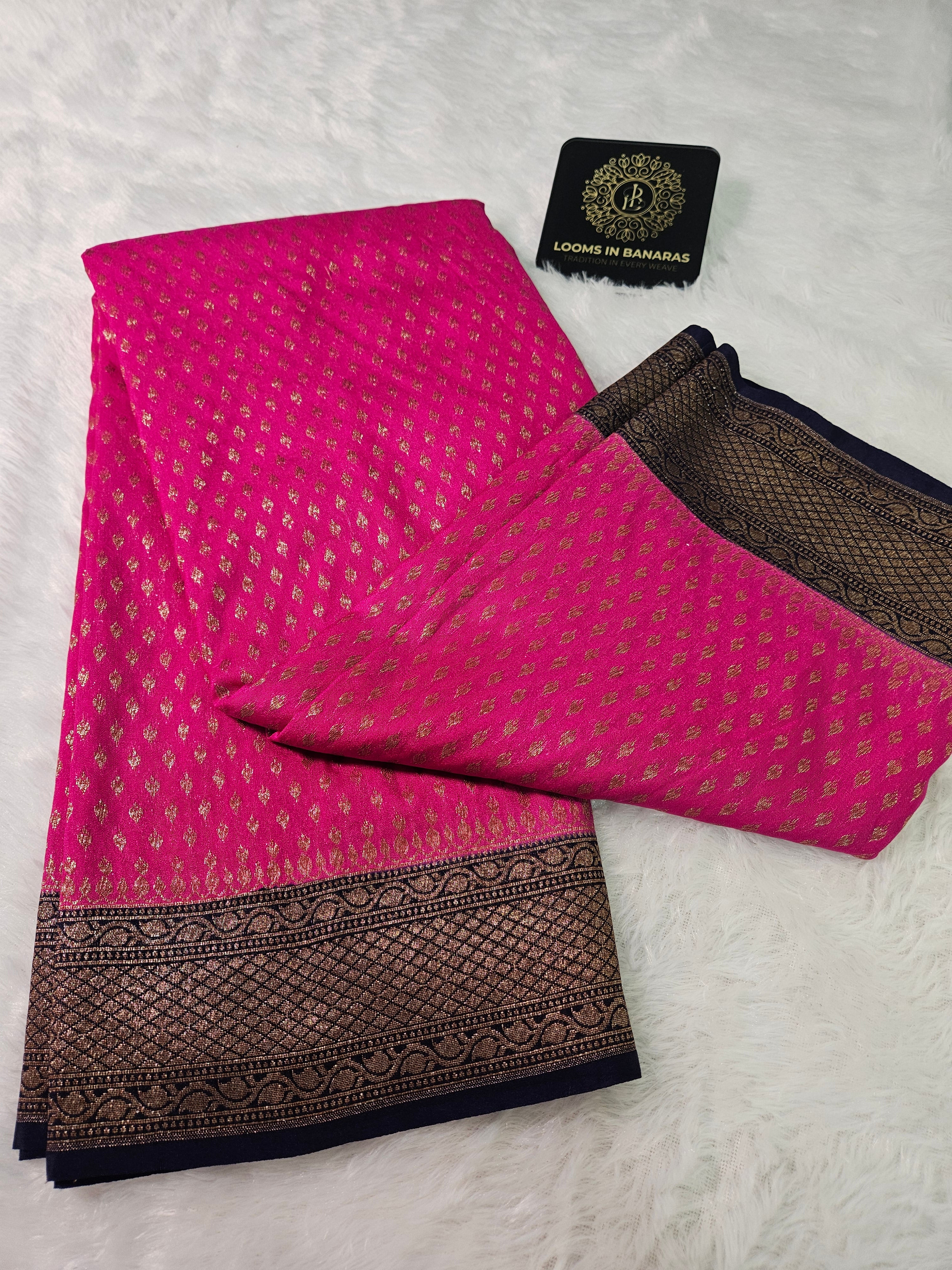 Banarasi Georgette Rani Pink Contrast Navy with Antique Zari Border buti