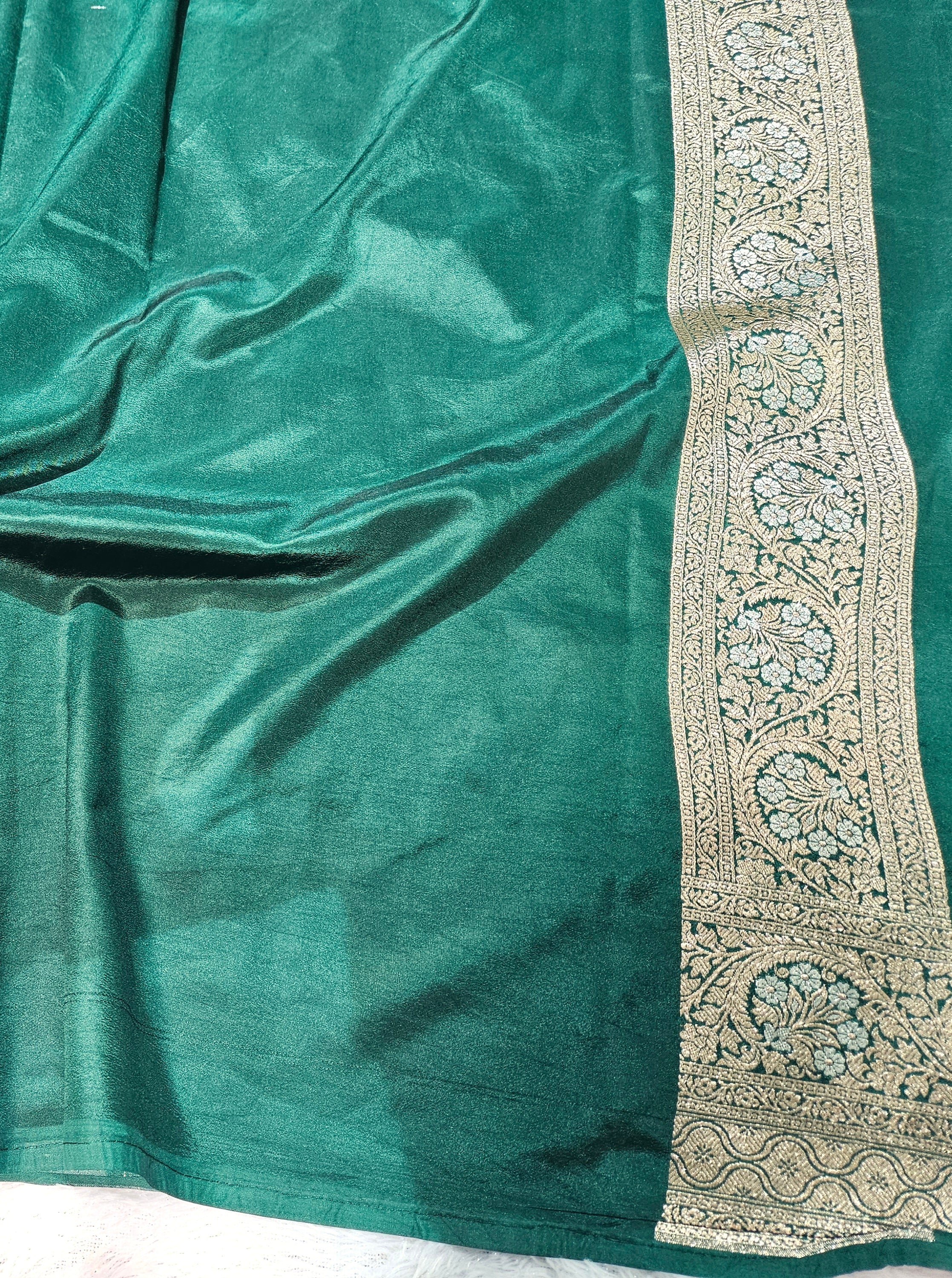 Banarasi Bottle Green Malai Katan Silk Alfi Booti Saree