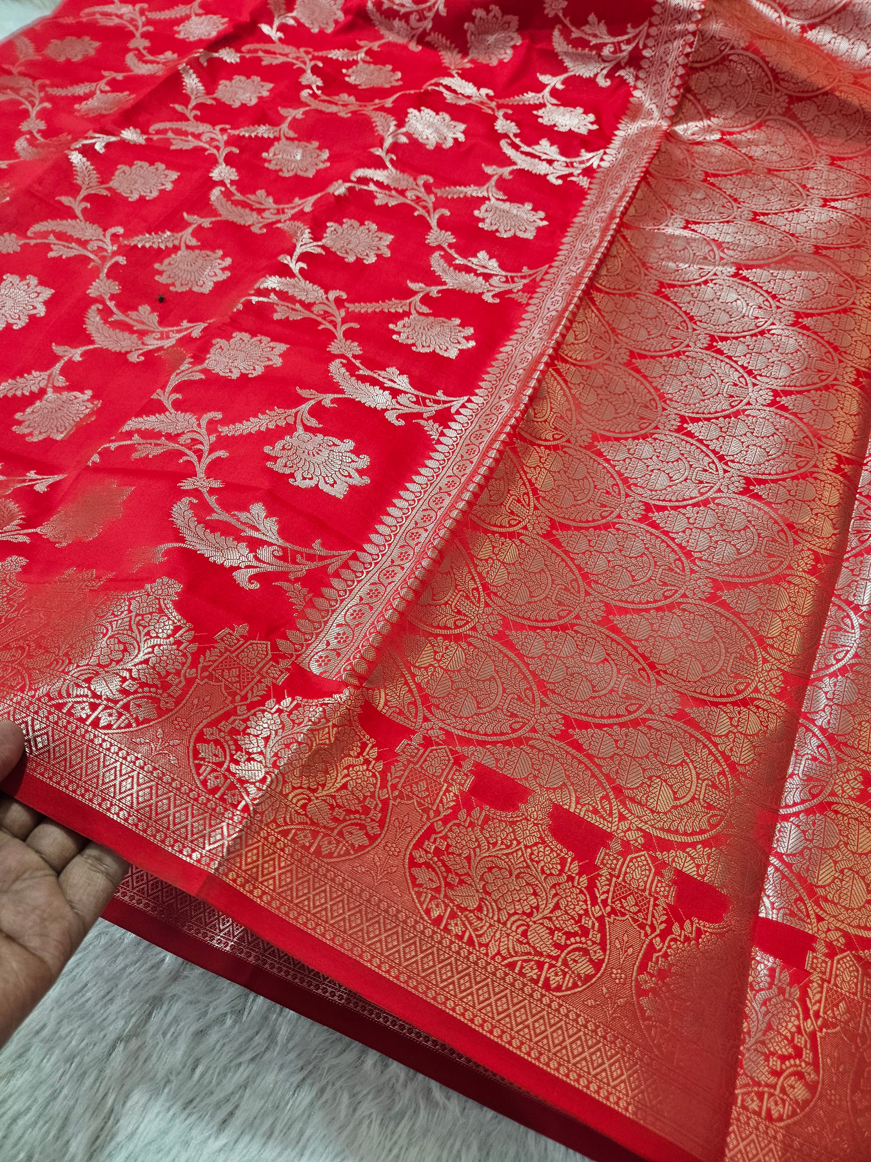 Banarasi Silk Red Jaal Zari Border Saree