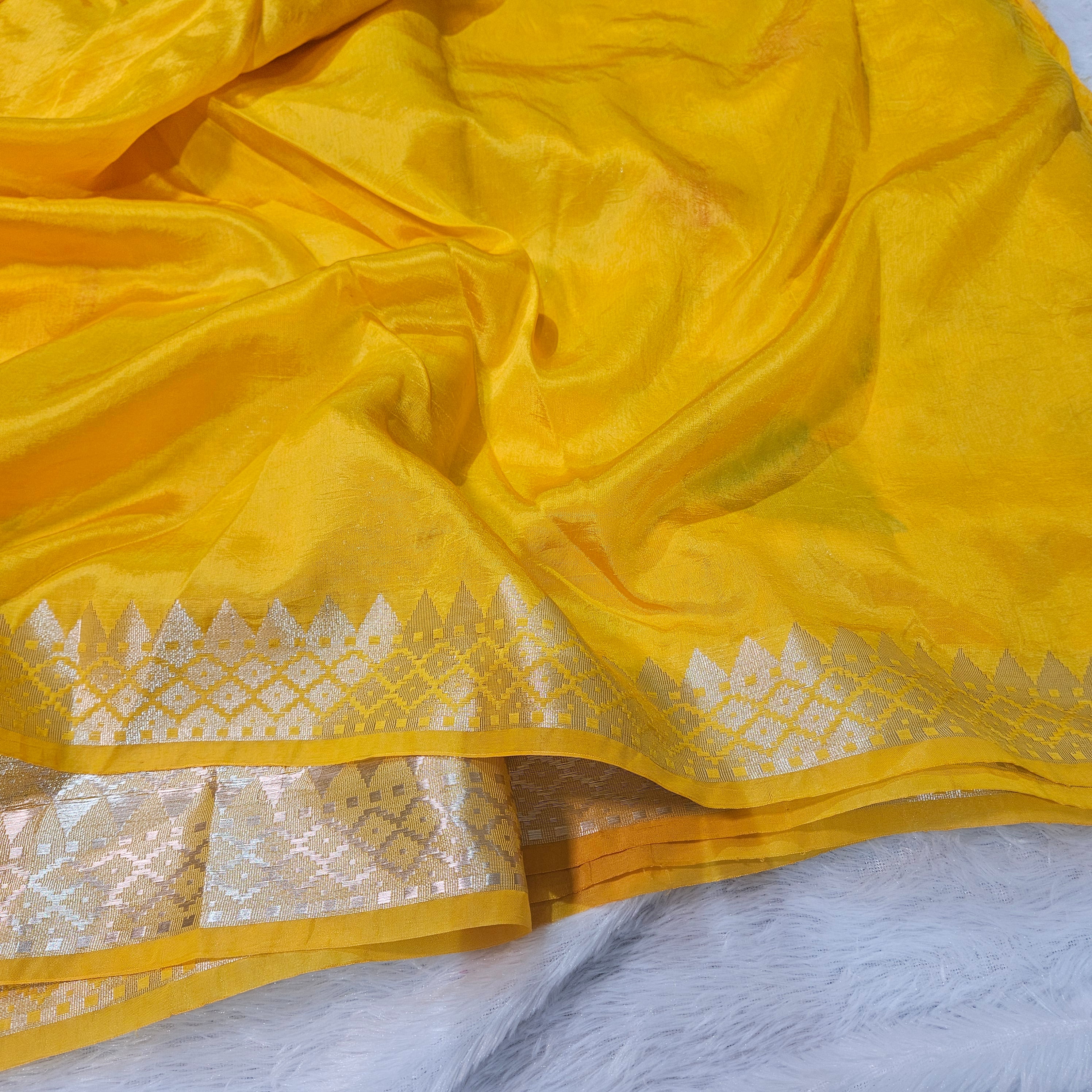 Yellow Banarasi Viscose Silk Saree Floral Jaal with Small border