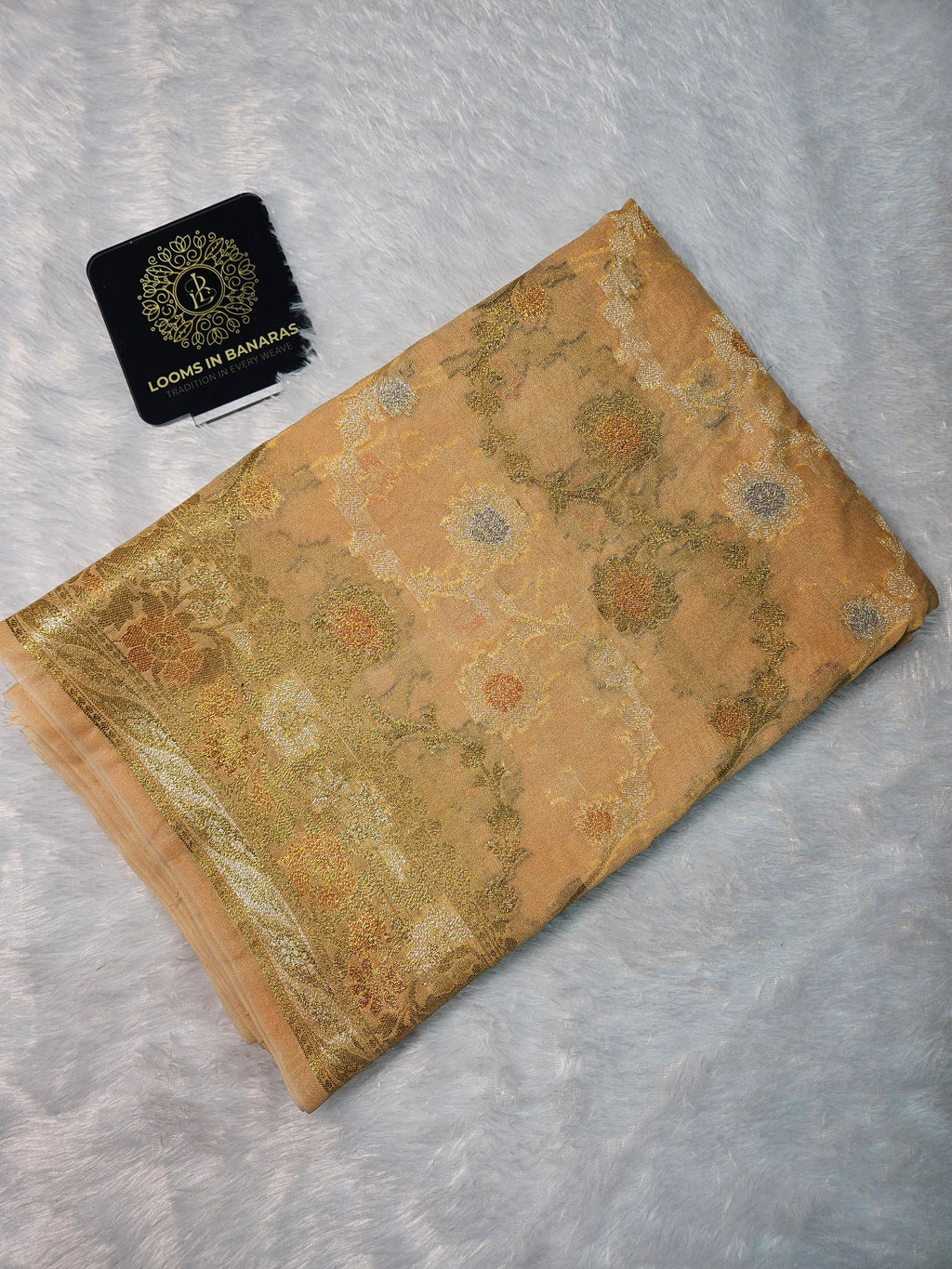 Banarasi Georgette Beige Gold Saree with Nimzari Border Jaal