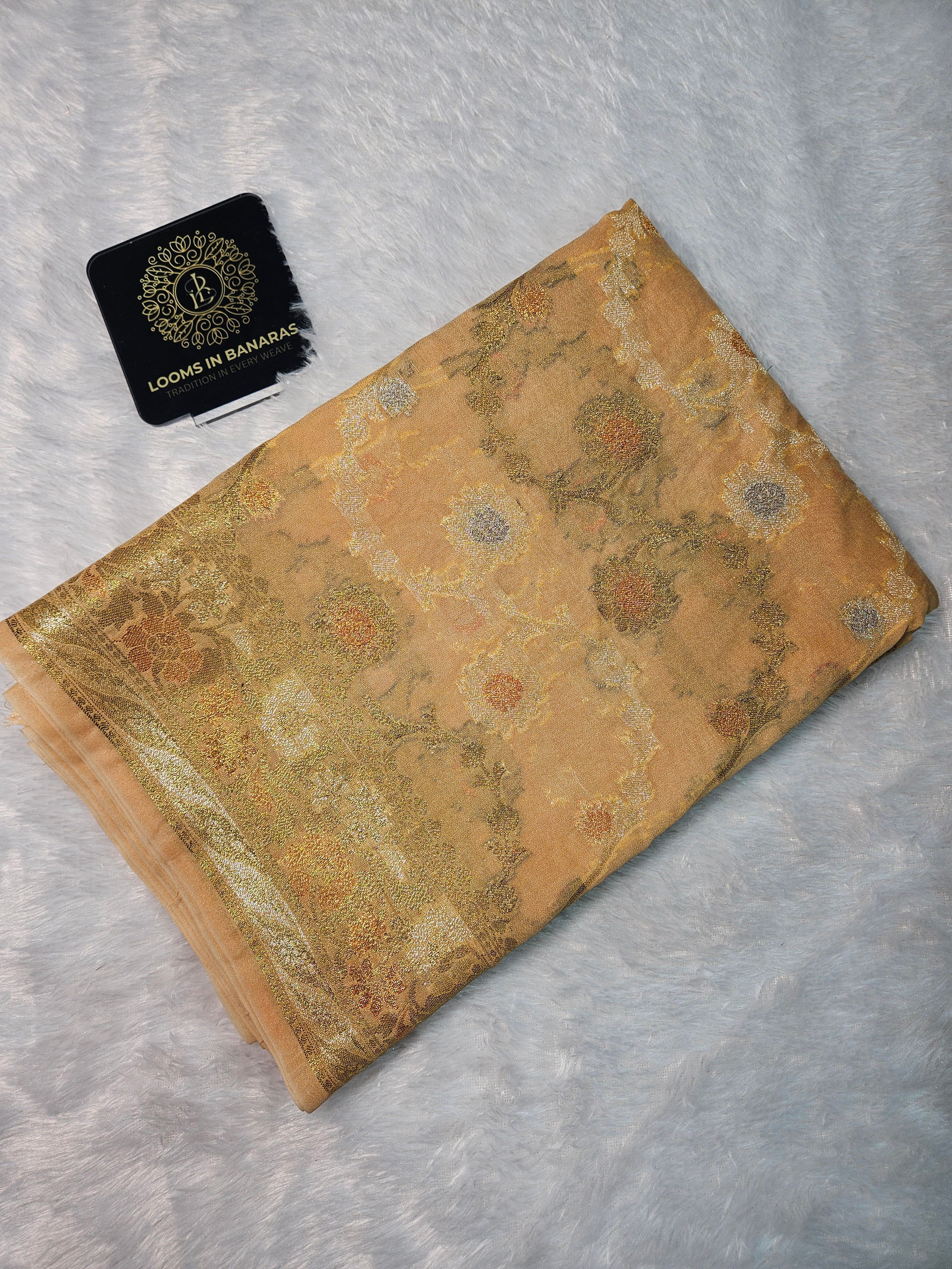 Banarasi Georgette Beige Gold Saree with Nimzari Border Jaal