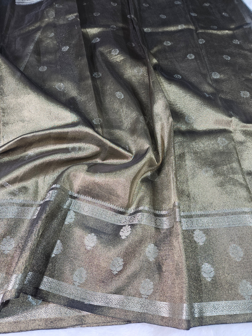 Blackish Gold Banarasi Tissue Zari Buti Design Saree