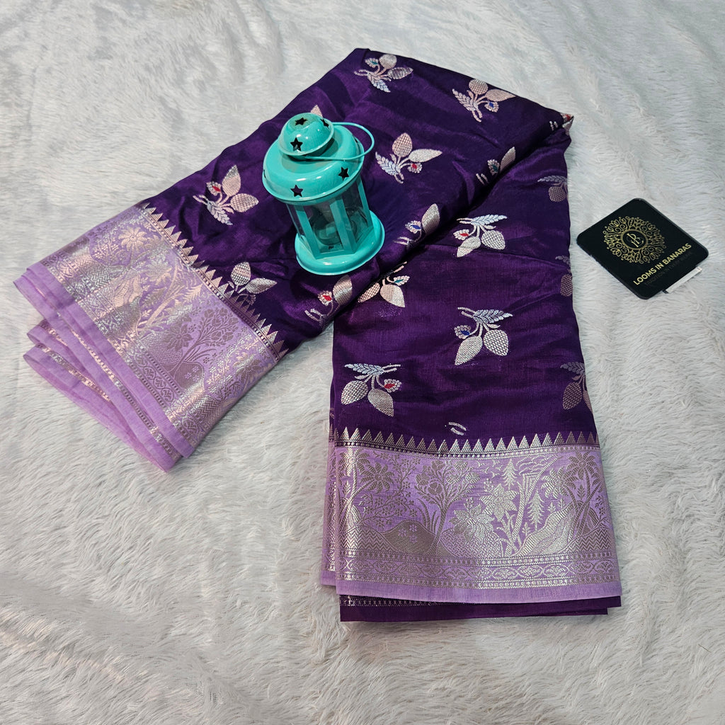 Purple and Lavender Contrast Banarasi Viscose Silk Saree Mina Buta with Zari Border